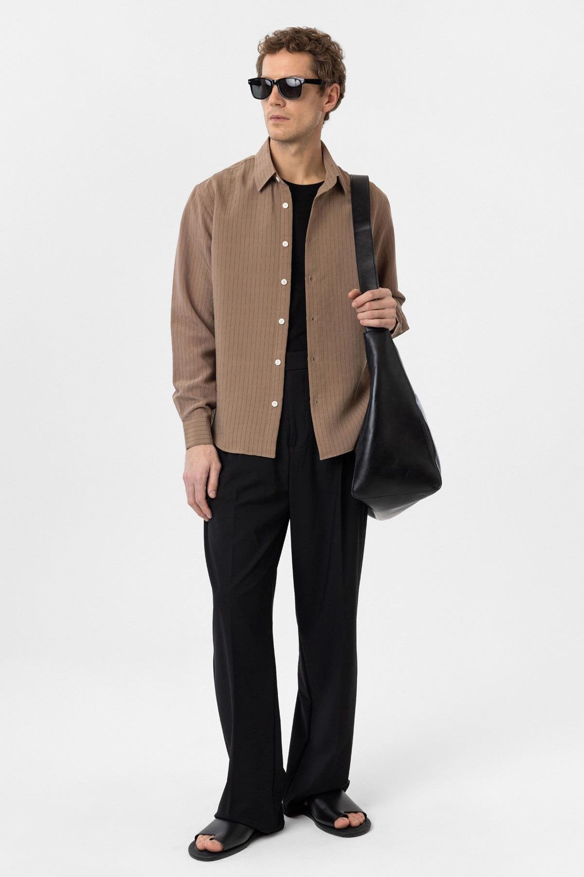 Antioch-Kahve Modal Kumaş Relax Fit Çizgili Erkek Gömlek-Gömlek-3-Milagron.com