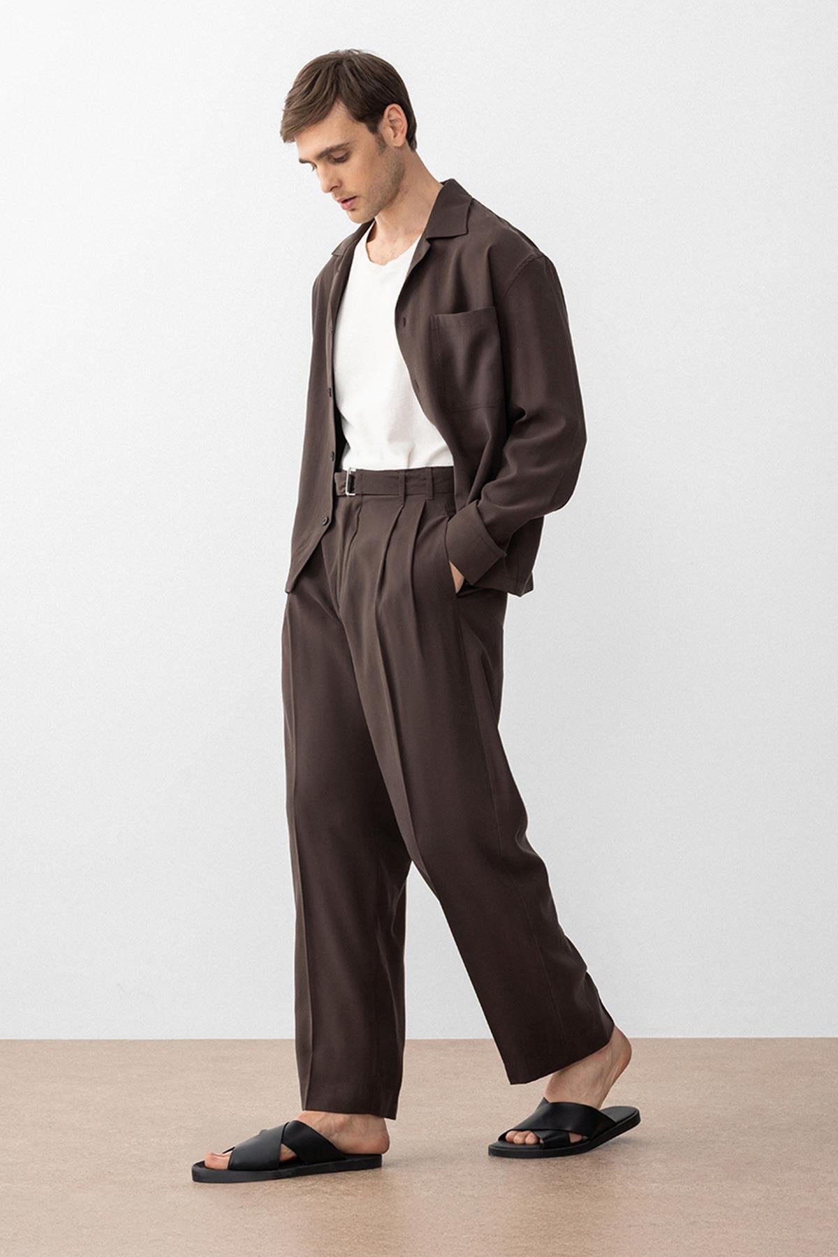 Antioch-Kahve Modal Kumaş Relax Fit Kemerli Erkek Pantolon-Kumaş Pantolon-1-Milagron.com