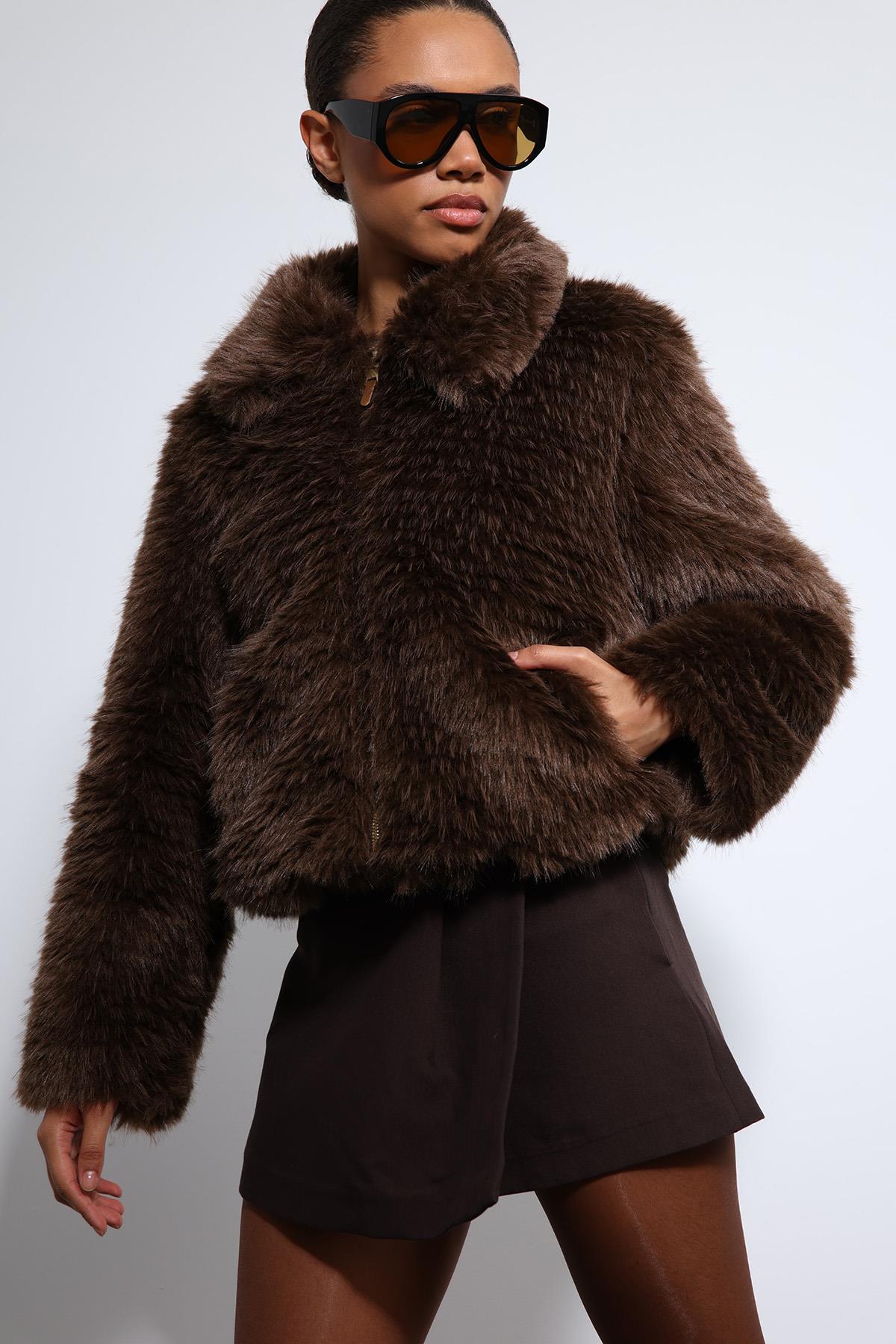 Antioch-Kahve Peluş Görünümlü Mont-Mont-3-Milagron.com