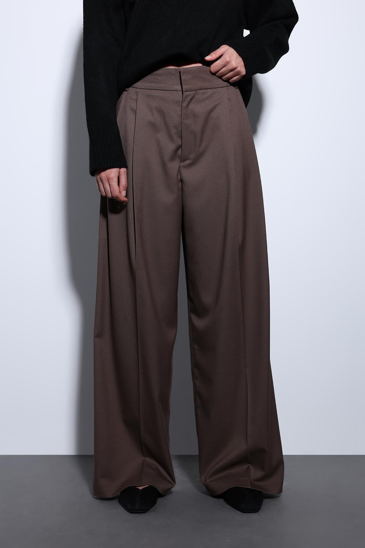 Antioch-Kahve Pileli Palazzo Kadın Pantolon-Kumaş Pantolon-2-Milagron.com