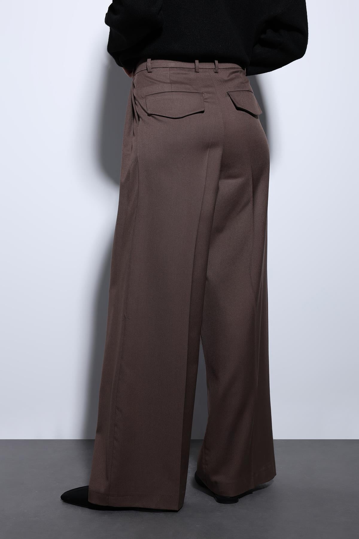 Antioch-Kahve Pileli Palazzo Kadın Pantolon-Kumaş Pantolon-5-Milagron.com