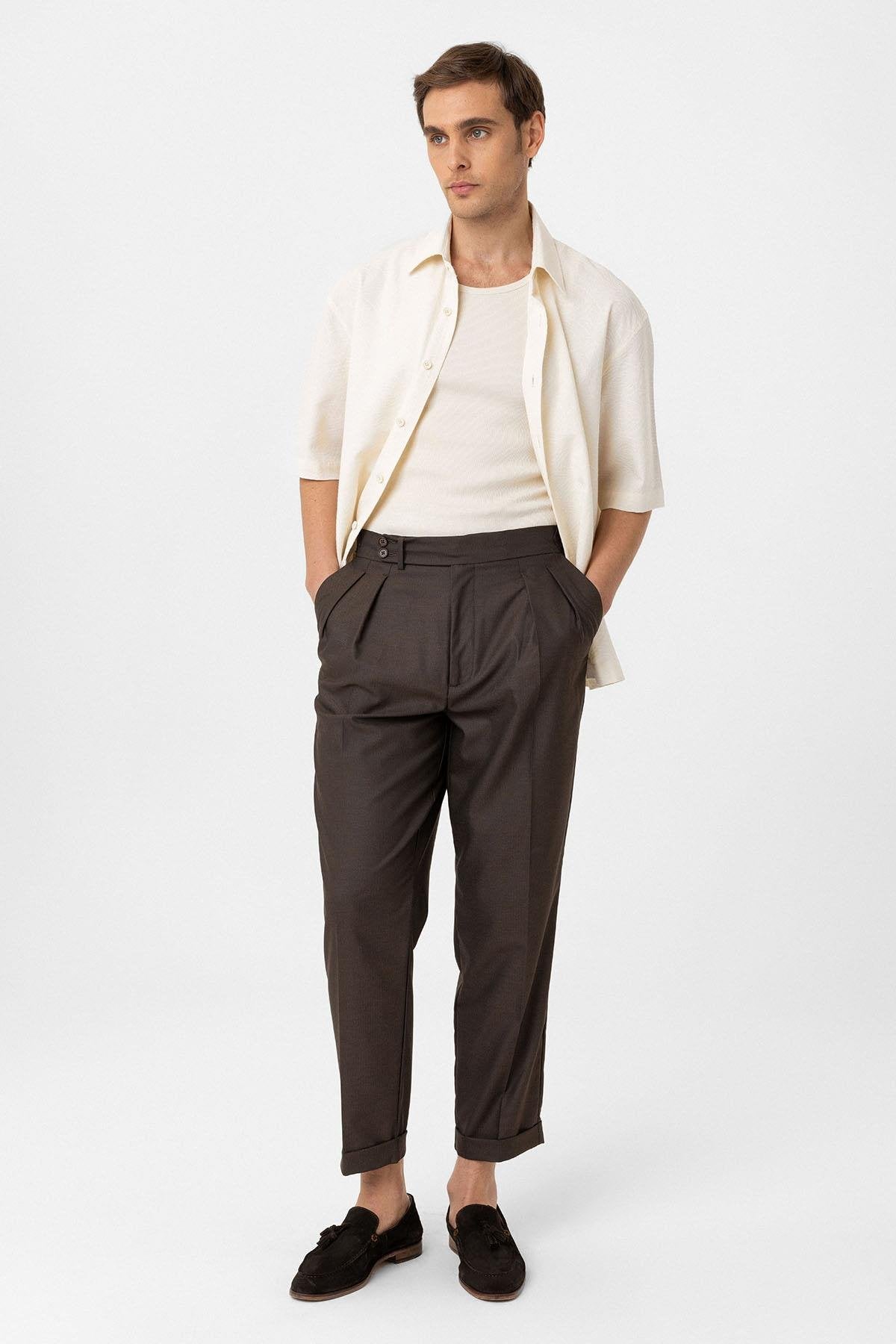 Antioch-Kahve Pileli Yüksek Bel Erkek Pantolon-Kumaş Pantolon-2-Milagron.com