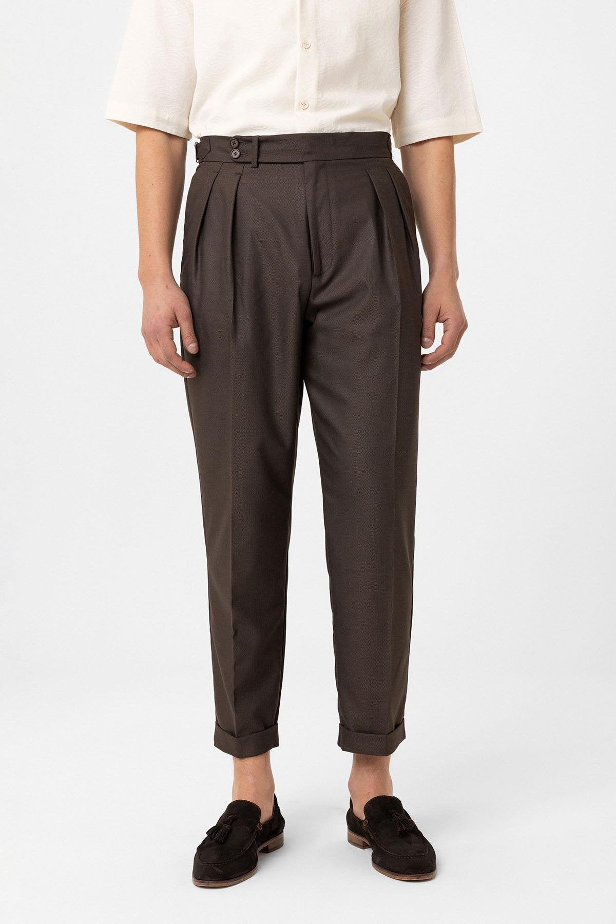 Antioch-Kahve Pileli Yüksek Bel Erkek Pantolon-Kumaş Pantolon-3-Milagron.com