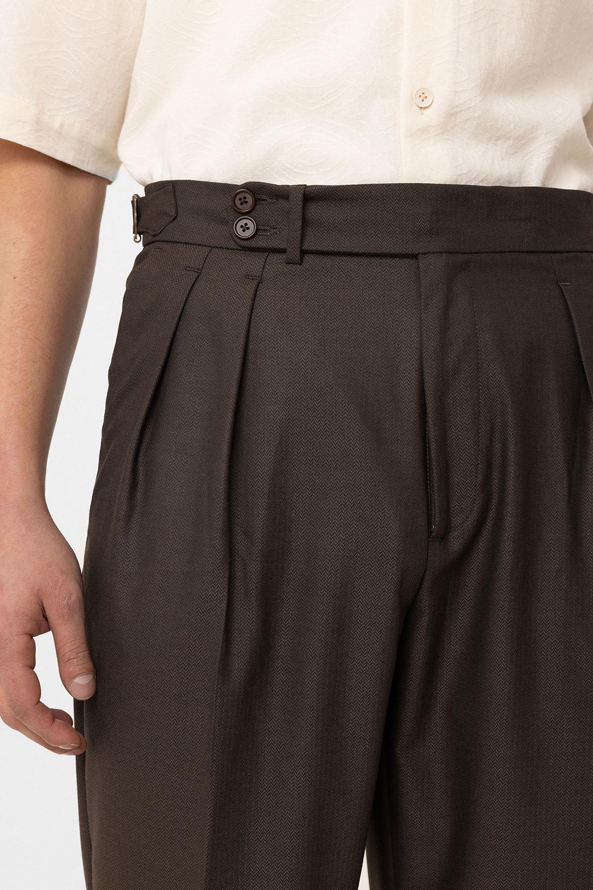 Antioch-Kahve Pileli Yüksek Bel Erkek Pantolon-Kumaş Pantolon-4-Milagron.com