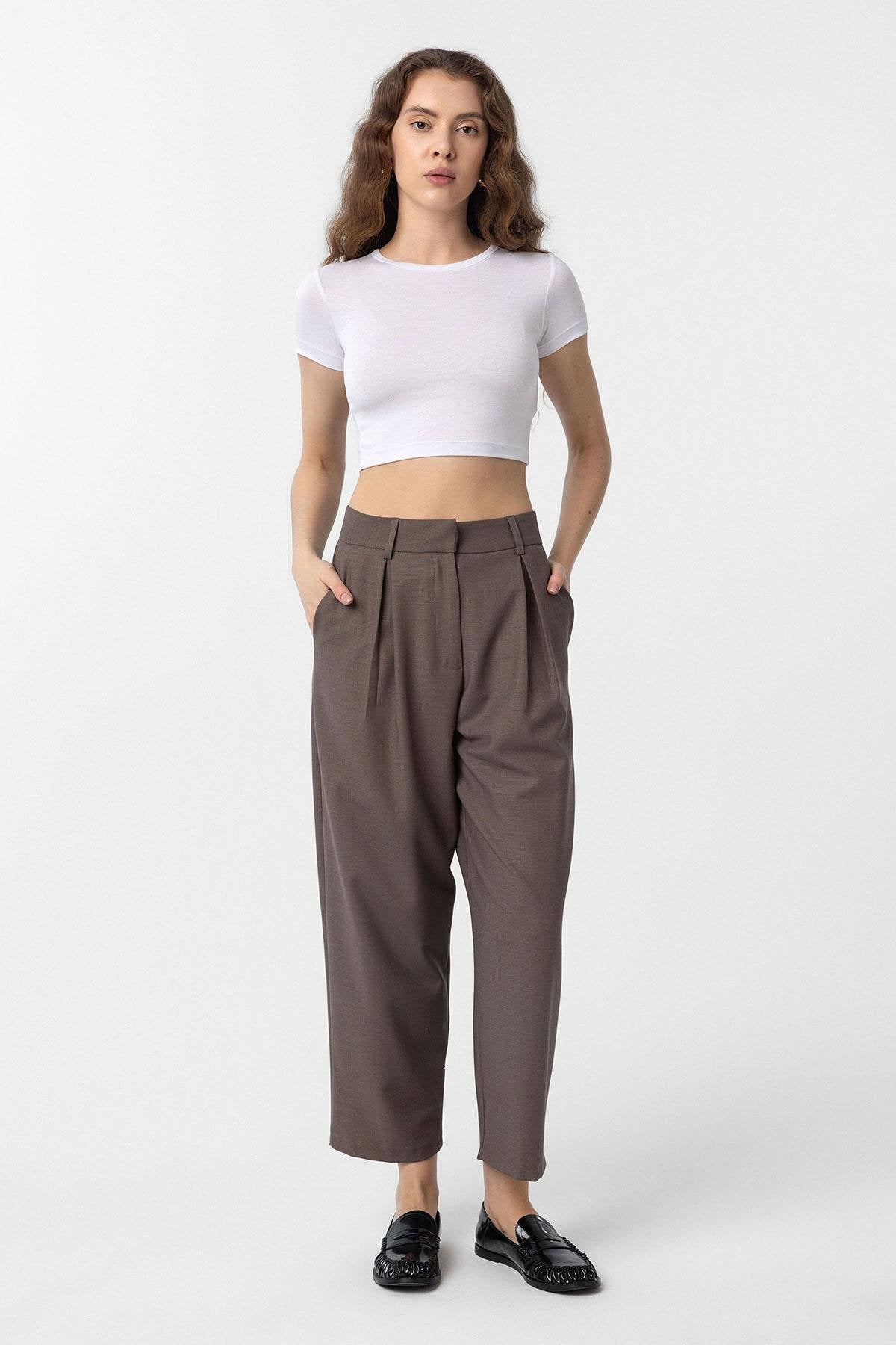 Antioch-Kahve Pilili Soft Bilek Boyu Kadın Pantolon-Kumaş Pantolon-2-Milagron.com