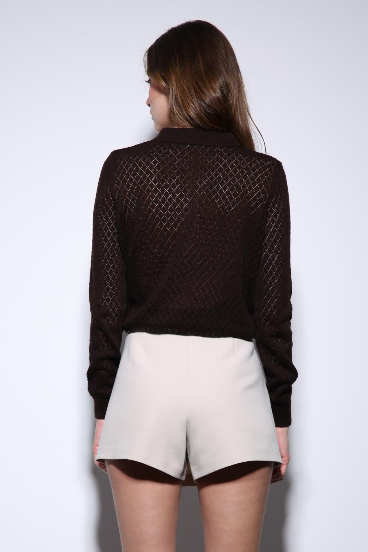 Antioch-Kahve Polo Yaka Desenli Triko Kadın Kazak-Kazak-5-Milagron.com