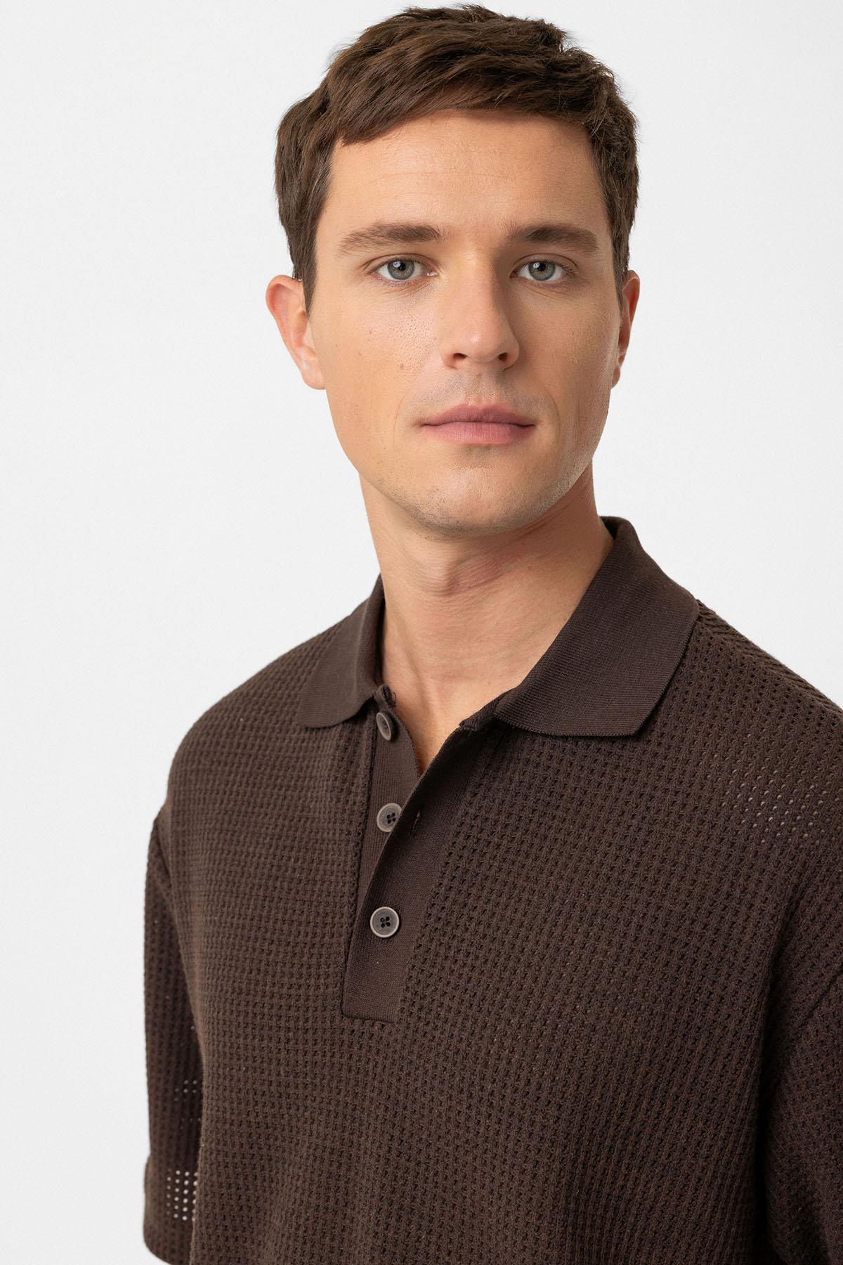 Antioch-Kahve Polo Yaka Dokulu Relaxed Erkek T Shirt-T-Shirts-4-Milagron.com