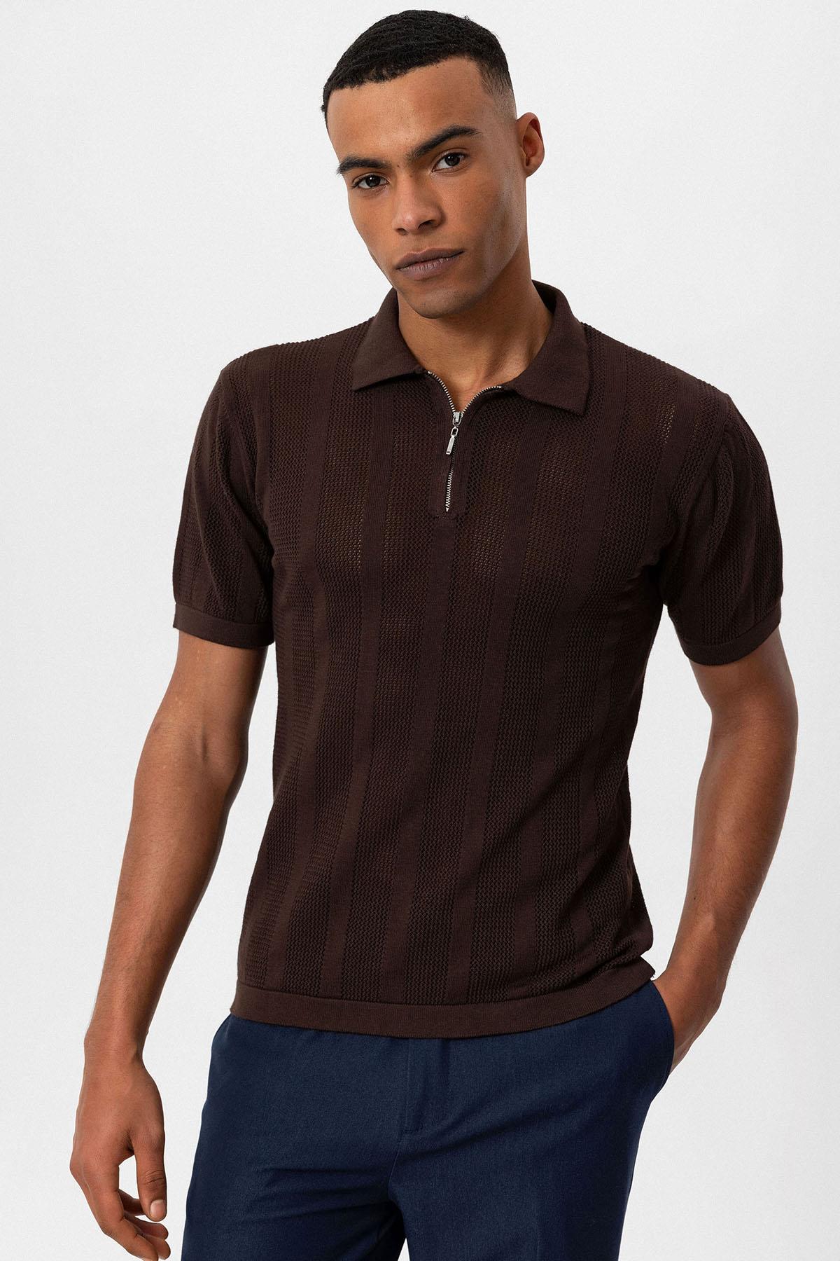 Antioch-Kahve Polo Yaka Fermuarlı Örme Erkek T Shirt-T-Shirts-1-Milagron.com