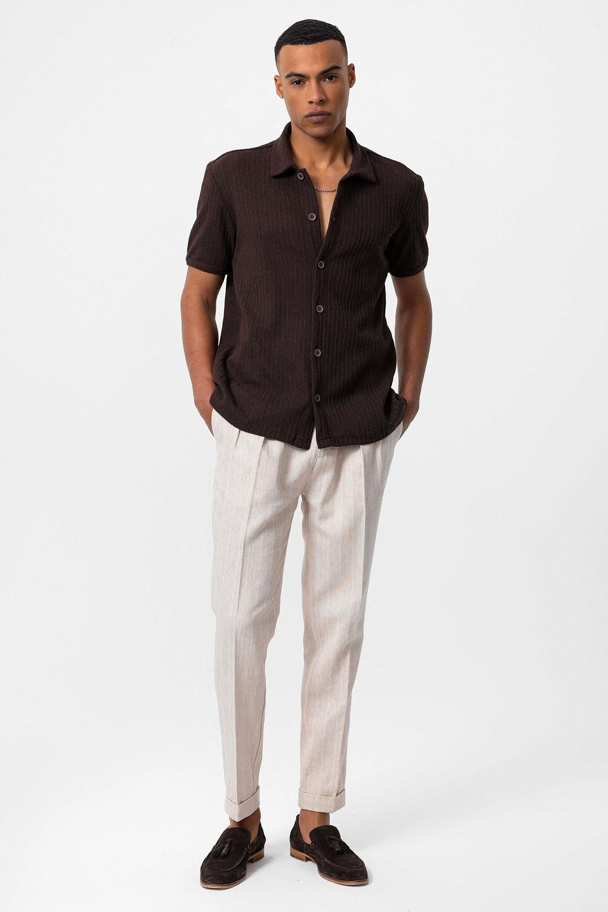 Antioch-Kahve Polo Yaka Örme Kısa Kollu Erkek Gömlek-Gömlek-3-Milagron.com