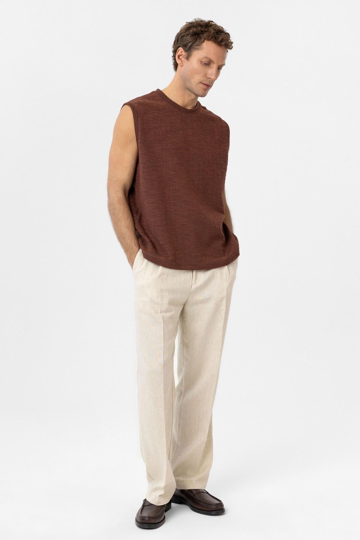 Antioch-Kahve Regular Fit Dokulu Erkek Kolsuz T Shirt-T-Shirts-2-Milagron.com