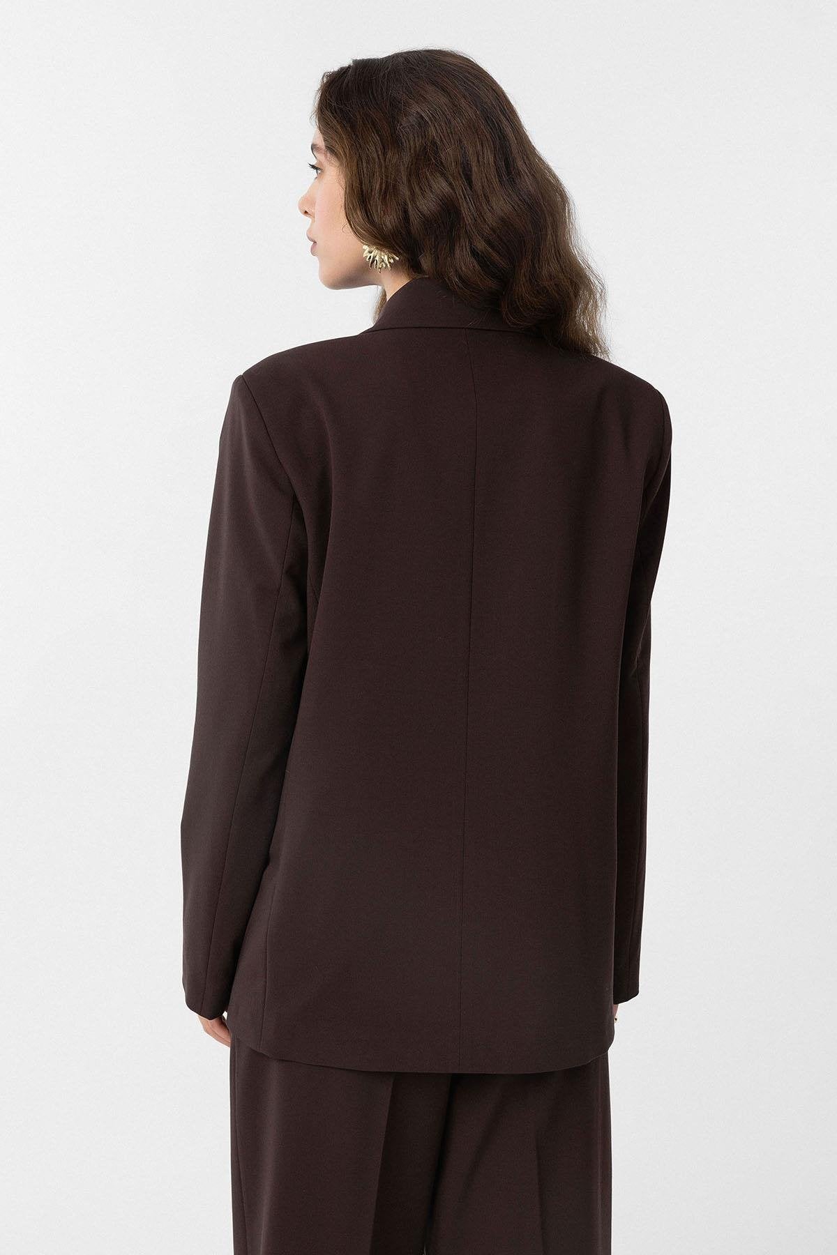 Antioch-Kahve Regular Fit Kruvaze Kadın Blazer Ceket-Blazer Ceket-5-Milagron.com