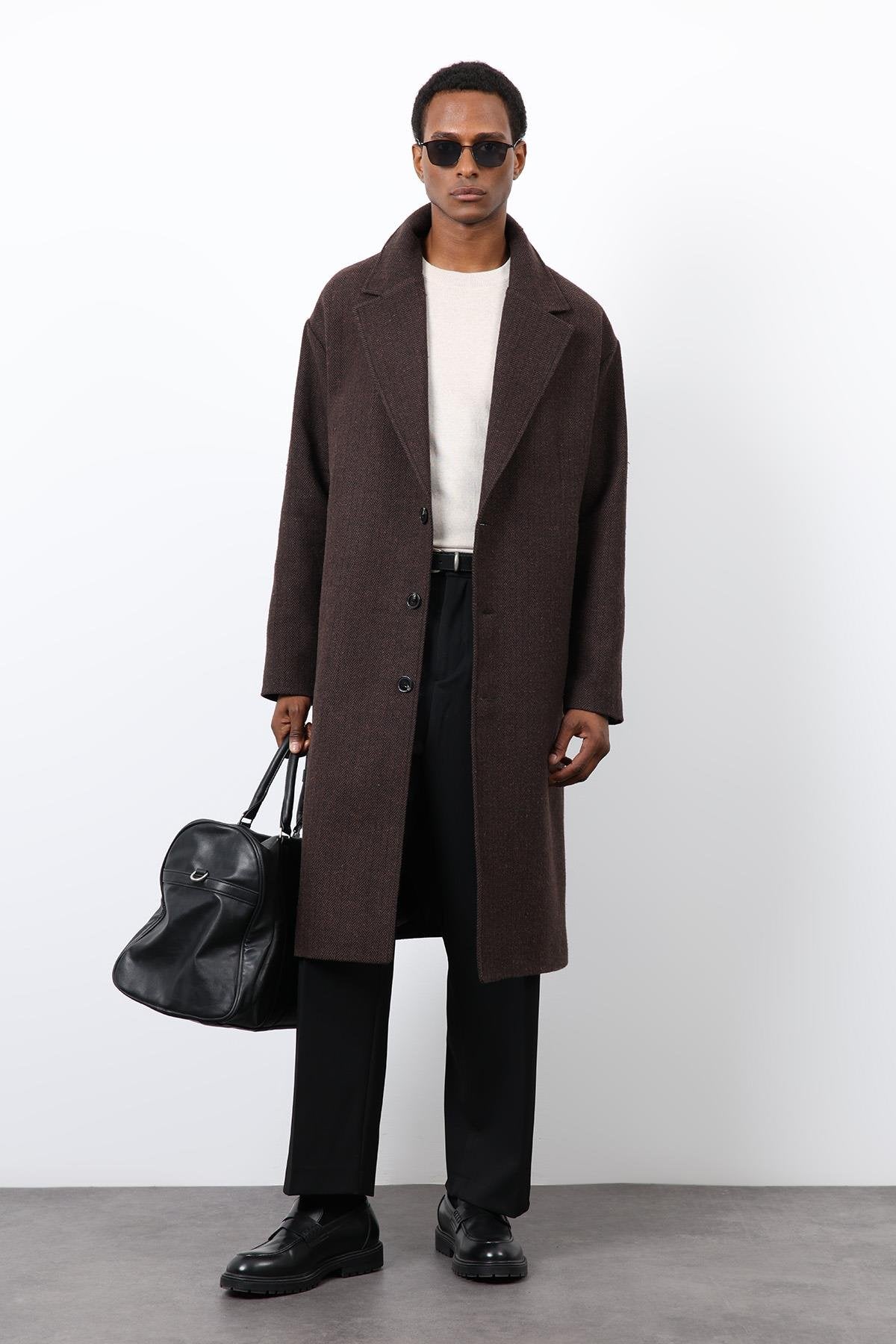 Antioch-Kahve Relax Fit Balıksırtı Desenli Erkek Kaban-Kaban-1-Milagron.com