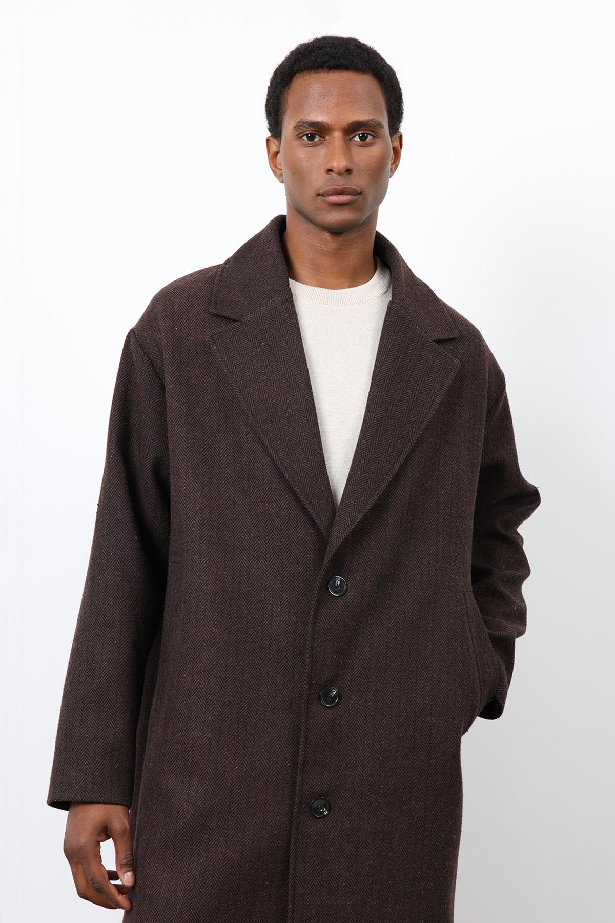 Antioch-Kahve Relax Fit Balıksırtı Desenli Erkek Kaban-Kaban-6-Milagron.com