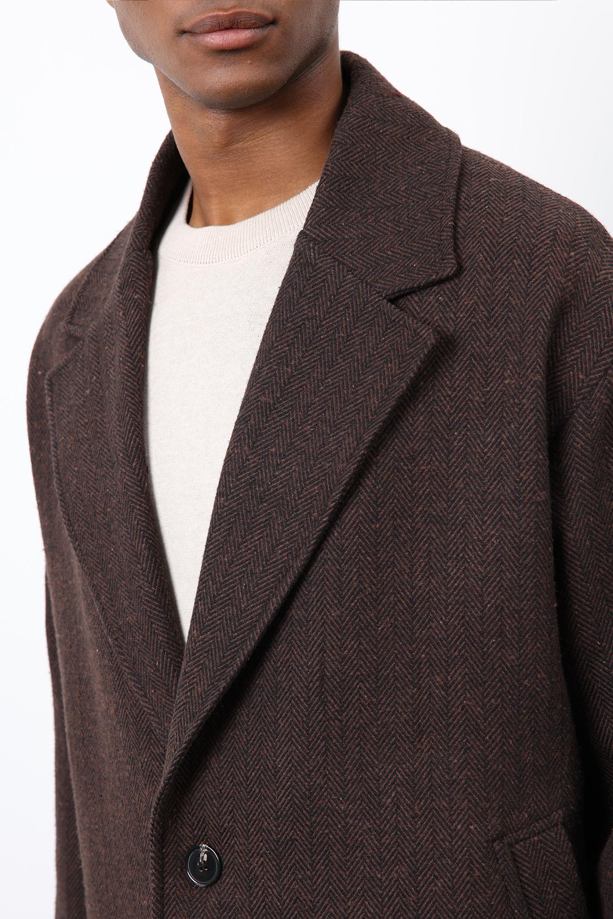 Antioch-Kahve Relax Fit Balıksırtı Desenli Erkek Kaban-Kaban-7-Milagron.com