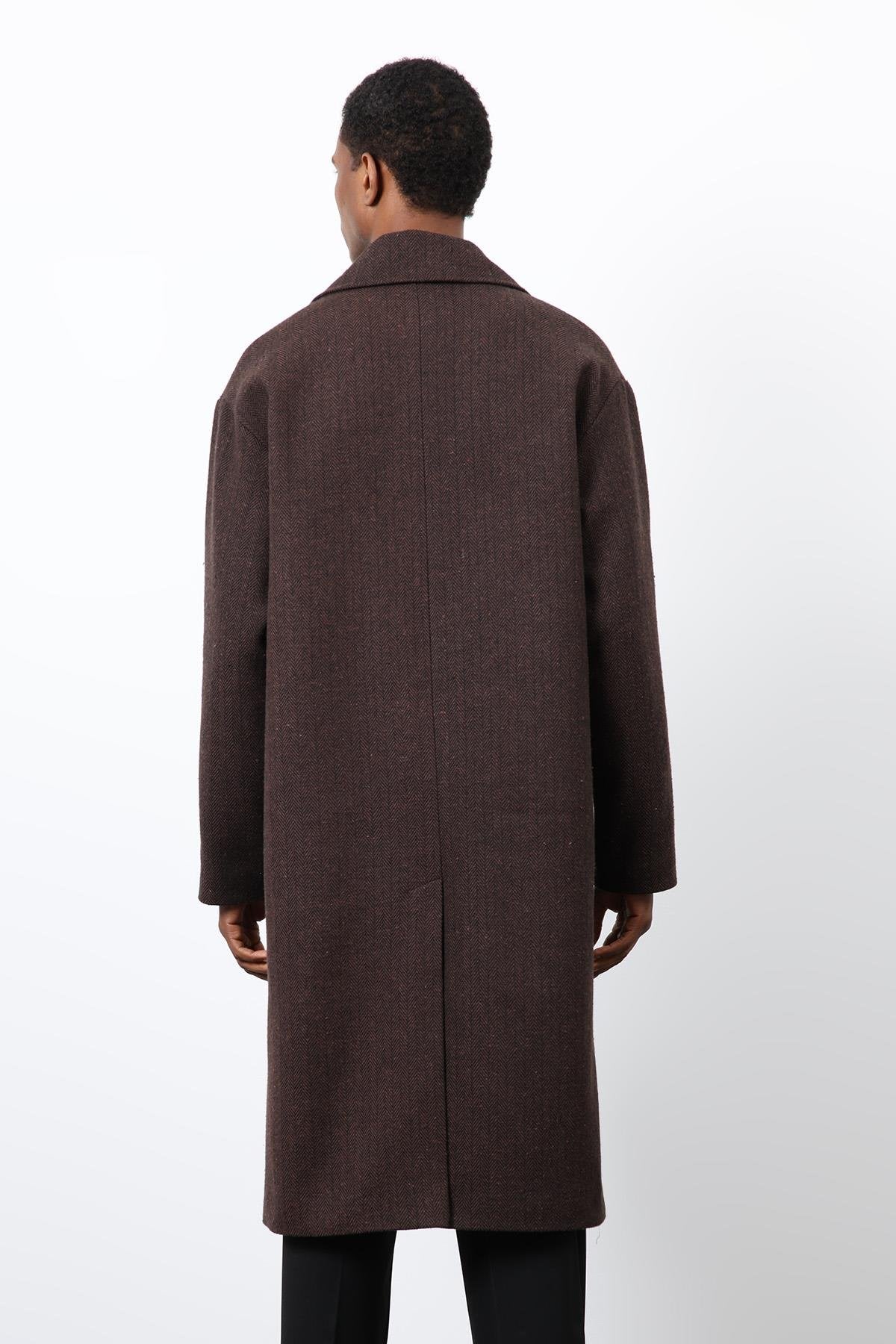 Antioch-Kahve Relax Fit Balıksırtı Desenli Erkek Kaban-Kaban-8-Milagron.com