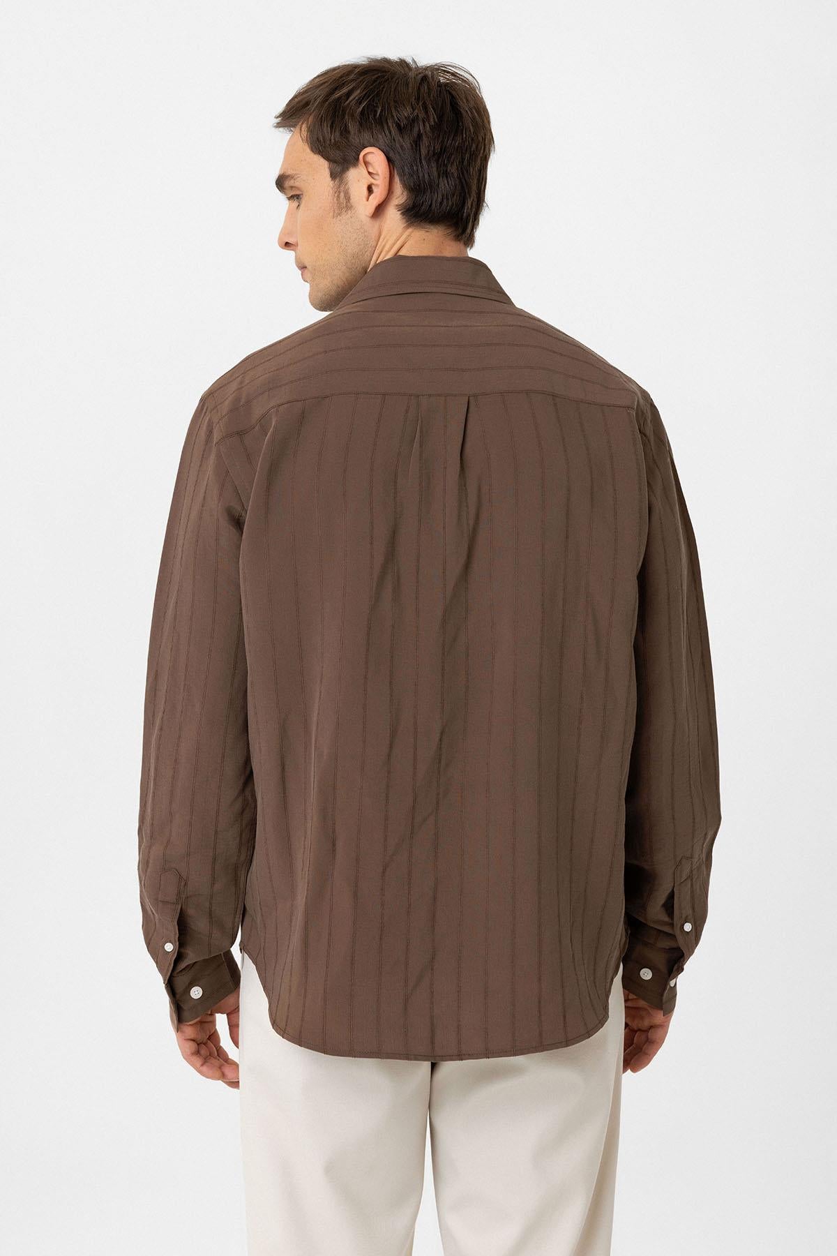 Antioch-Kahve Relax Fit Çizgili Erkek Gömlek-Gömlek-3-Milagron.com