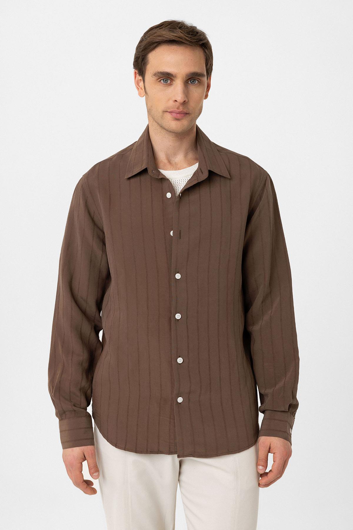 Antioch-Kahve Relax Fit Çizgili Erkek Gömlek-Gömlek-4-Milagron.com