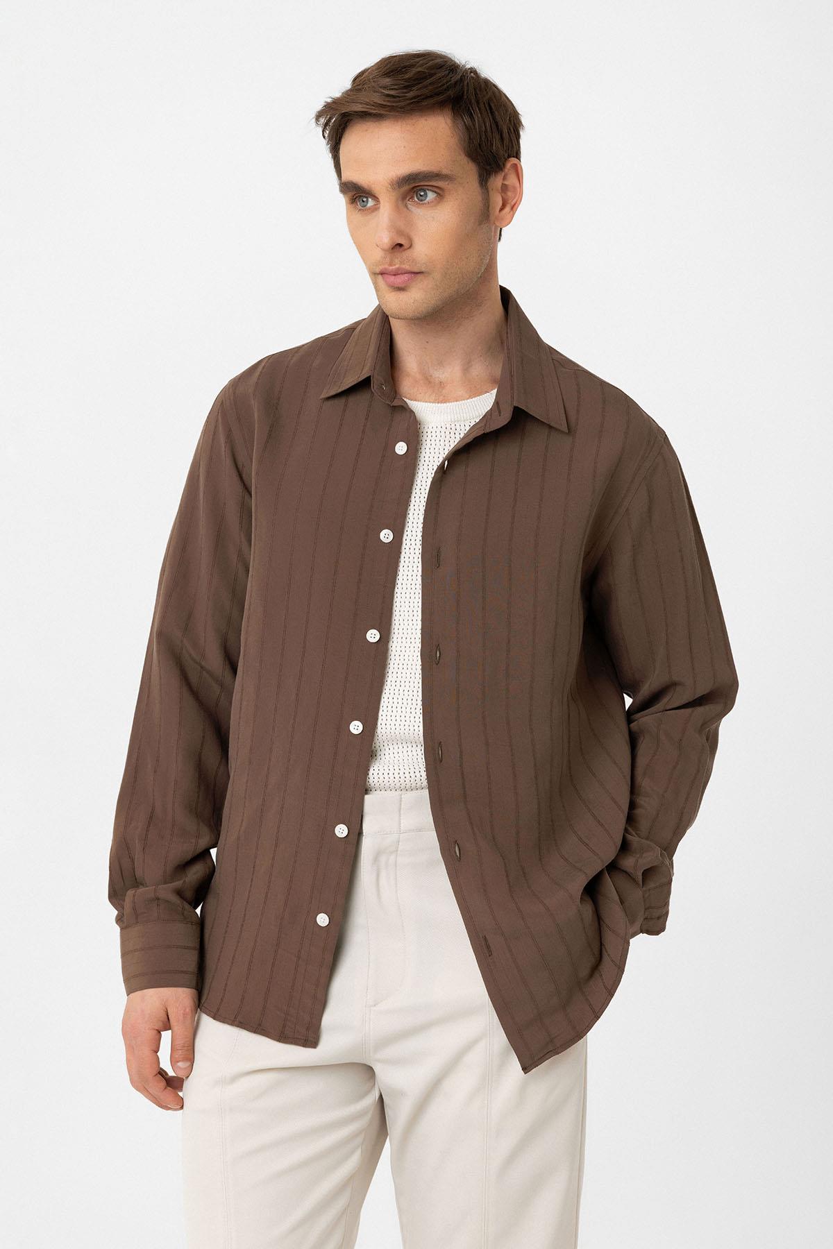 Antioch-Kahve Relax Fit Çizgili Erkek Gömlek-Gömlek-5-Milagron.com