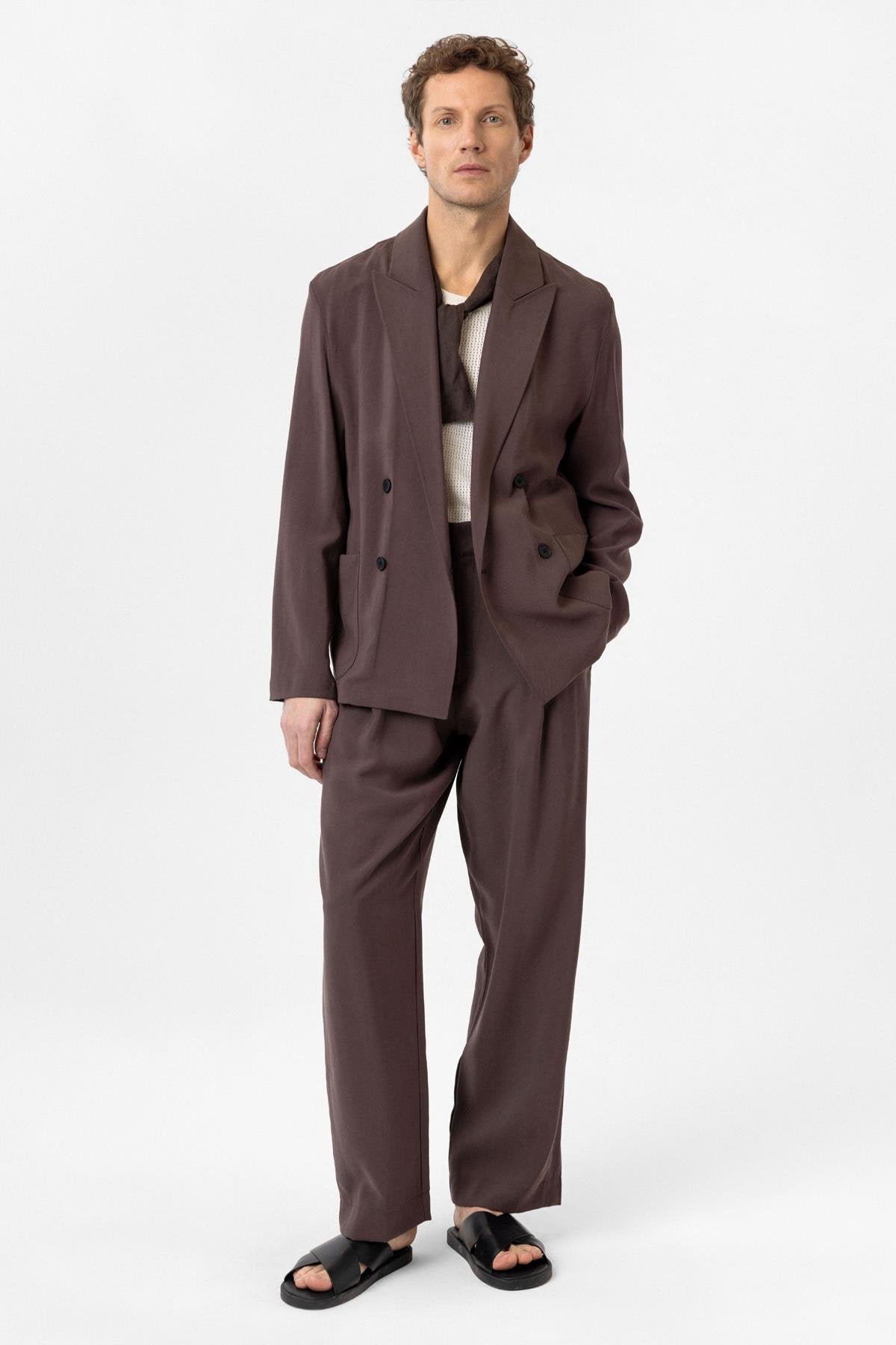 Antioch-Kahve Relax Fit Diagonel İnce Erkek Blazer Ceket-Blazer Ceket-2-Milagron.com