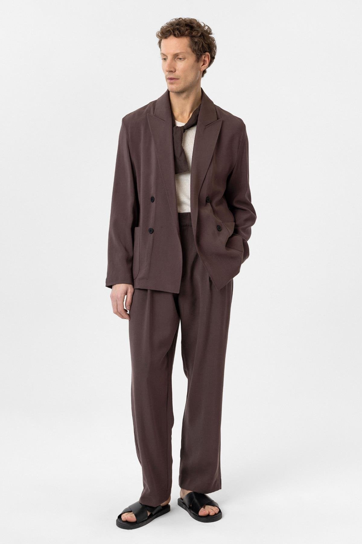 Antioch-Kahve Relax Fit Diagonel İnce Erkek Blazer Ceket-Blazer Ceket-3-Milagron.com