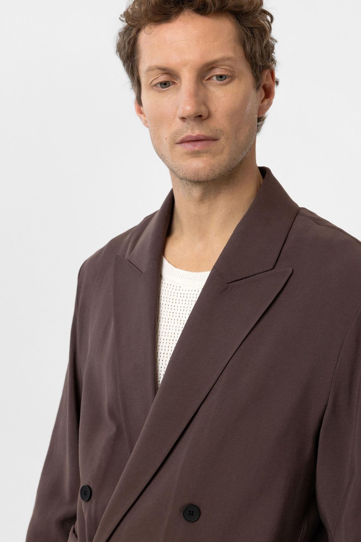 Antioch-Kahve Relax Fit Diagonel İnce Erkek Blazer Ceket-Blazer Ceket-4-Milagron.com