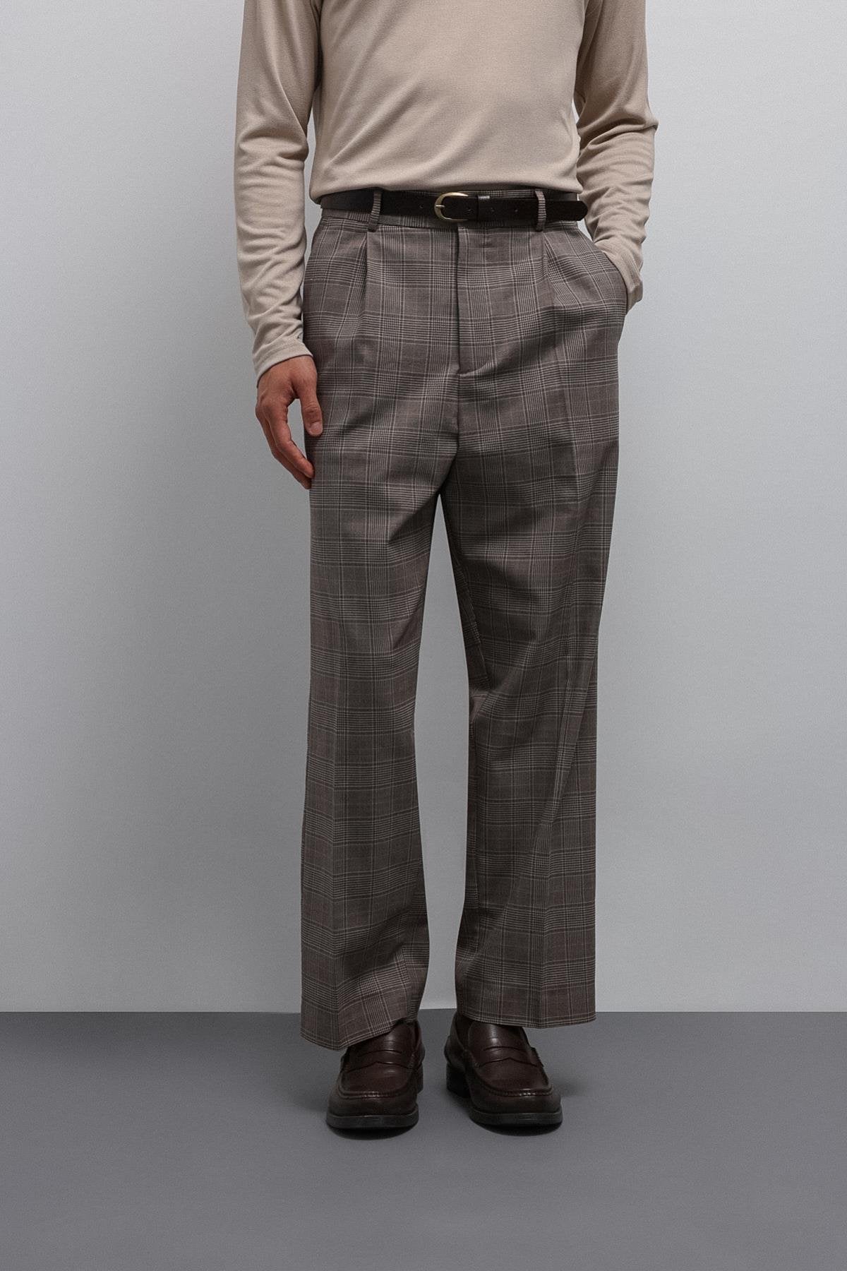 Antioch-Kahve Relax Fit Ekoseli Erkek Pantolon-Kumaş Pantolon-1-Milagron.com