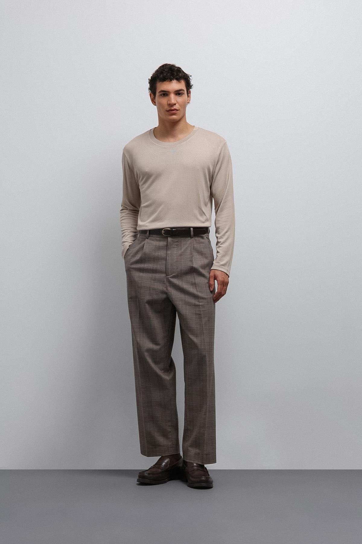 Antioch-Kahve Relax Fit Ekoseli Erkek Pantolon-Kumaş Pantolon-3-Milagron.com