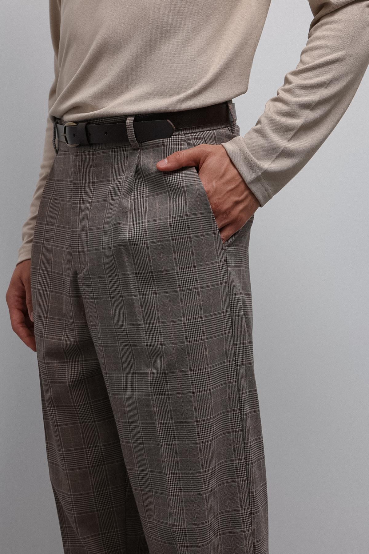 Antioch-Kahve Relax Fit Ekoseli Erkek Pantolon-Kumaş Pantolon-4-Milagron.com