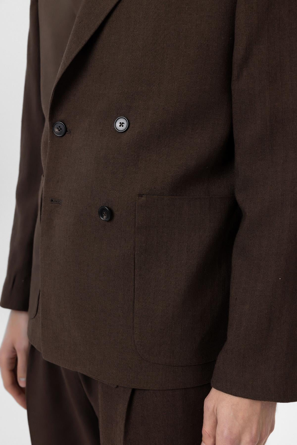 Antioch Kahve Relax Fit Keten Karışımlı Erkek Blazer Ceket