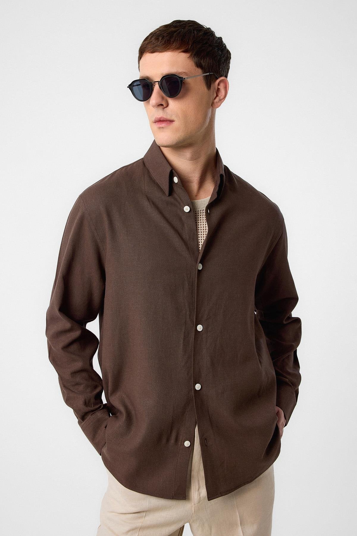 Antioch-Kahve Relax Fit Keten Karışımlı Erkek Gömlek-Gömlek-1-Milagron.com