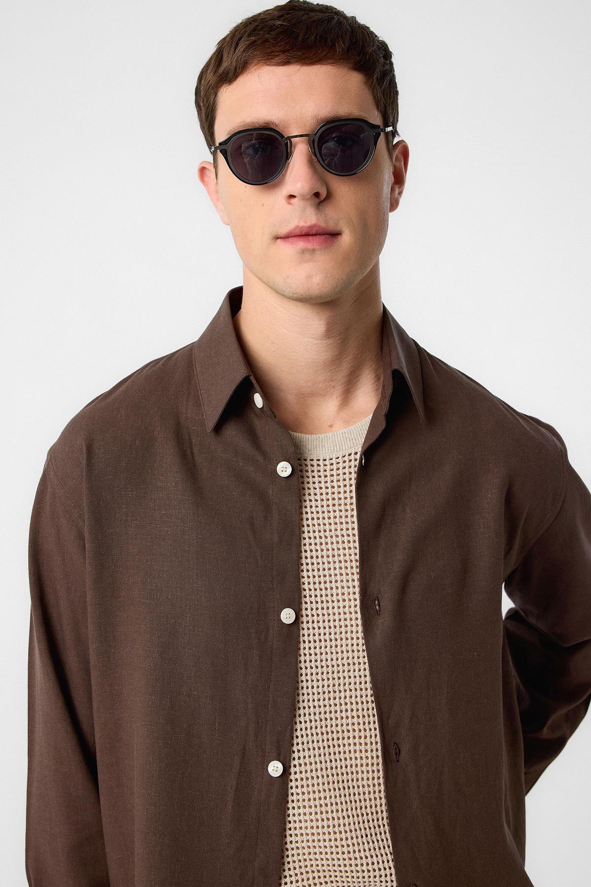 Antioch-Kahve Relax Fit Keten Karışımlı Erkek Gömlek-Gömlek-4-Milagron.com