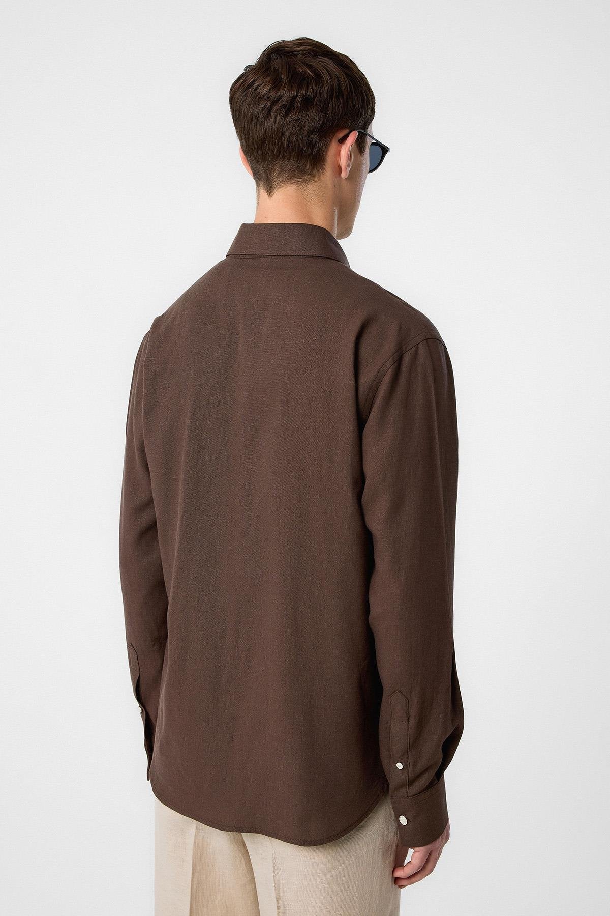 Antioch-Kahve Relax Fit Keten Karışımlı Erkek Gömlek-Gömlek-5-Milagron.com