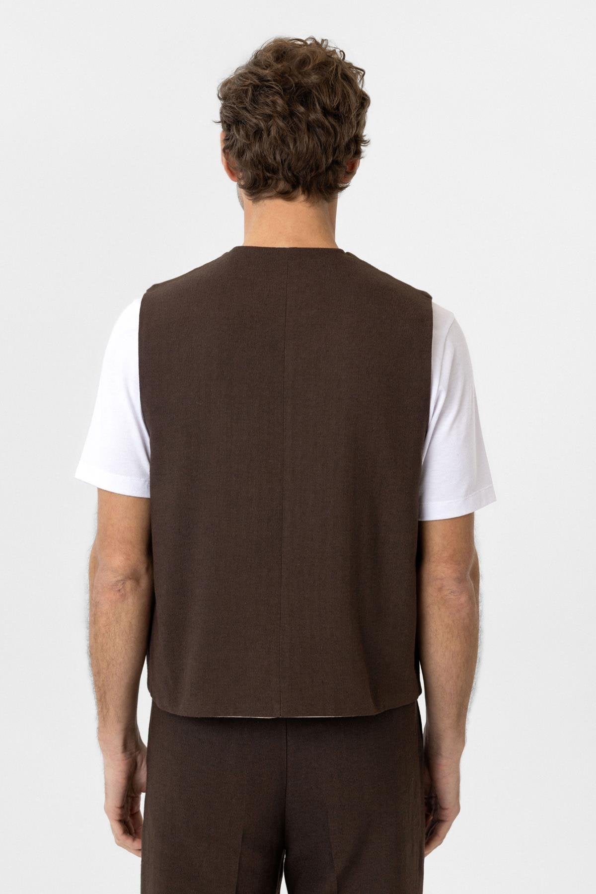 Antioch-Kahve Relax Fit Keten Karışımlı Erkek Yelek-Yelek-5-Milagron.com
