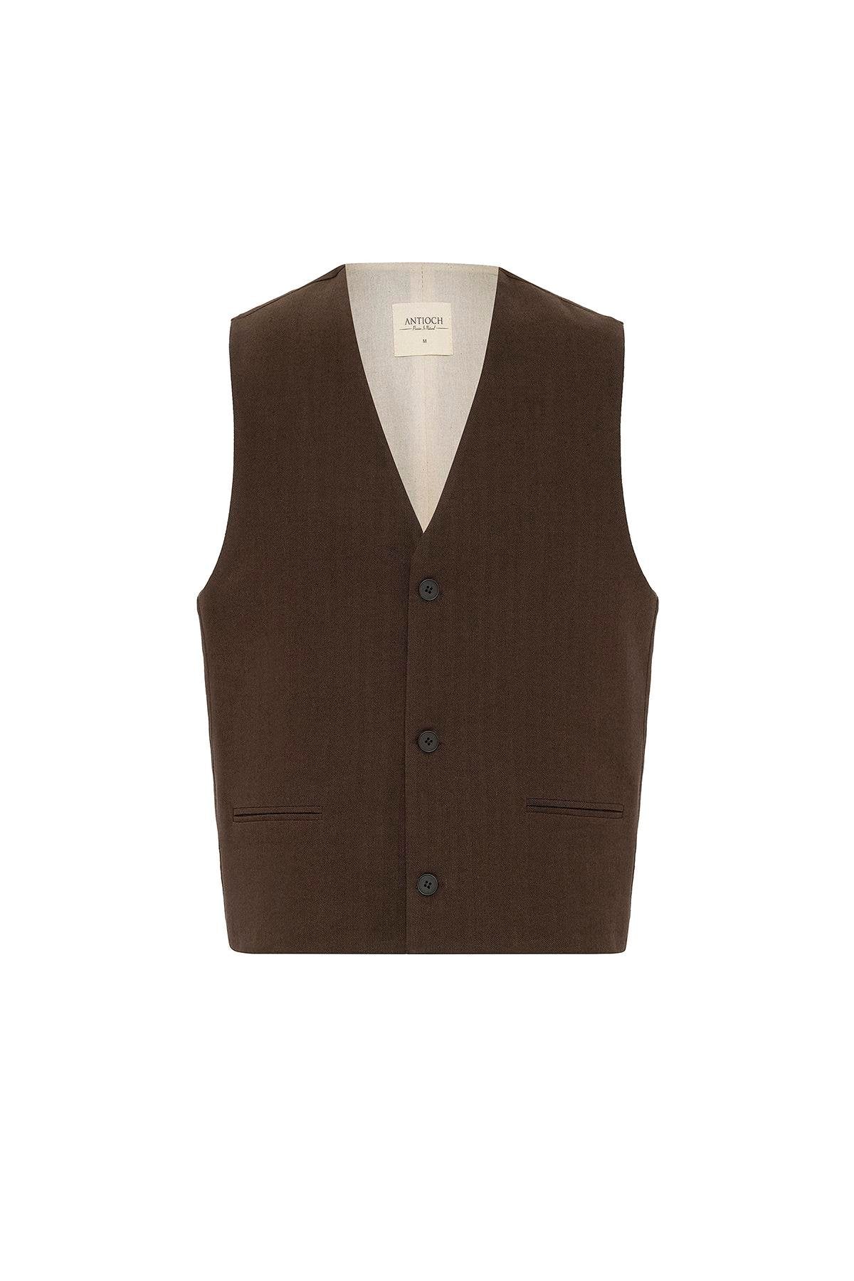 Antioch-Kahve Relax Fit Keten Karışımlı Erkek Yelek-Yelek-6-Milagron.com