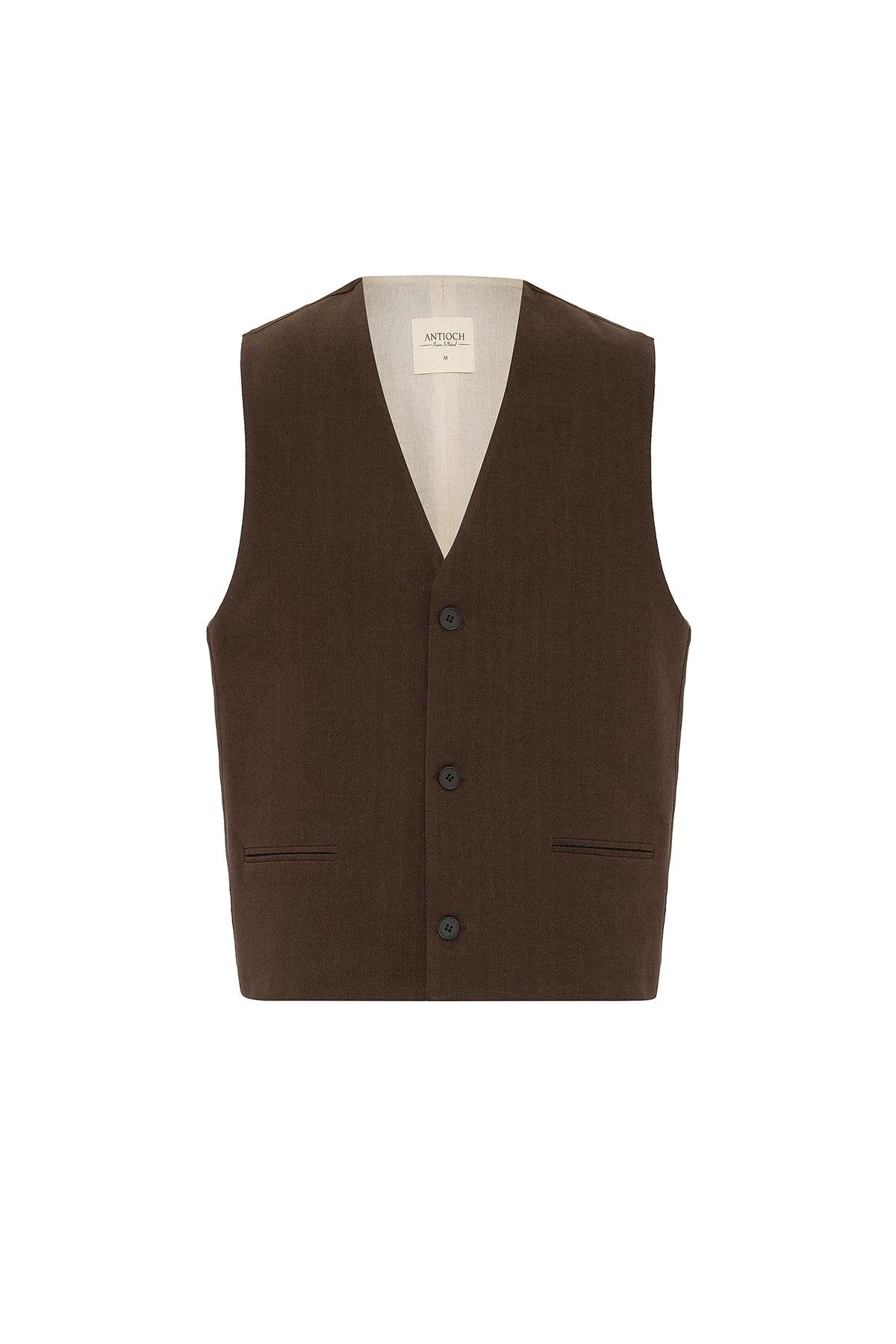 Antioch-Kahve Relax Fit Keten Karışımlı Erkek Yelek-Yelek-6-Milagron.com