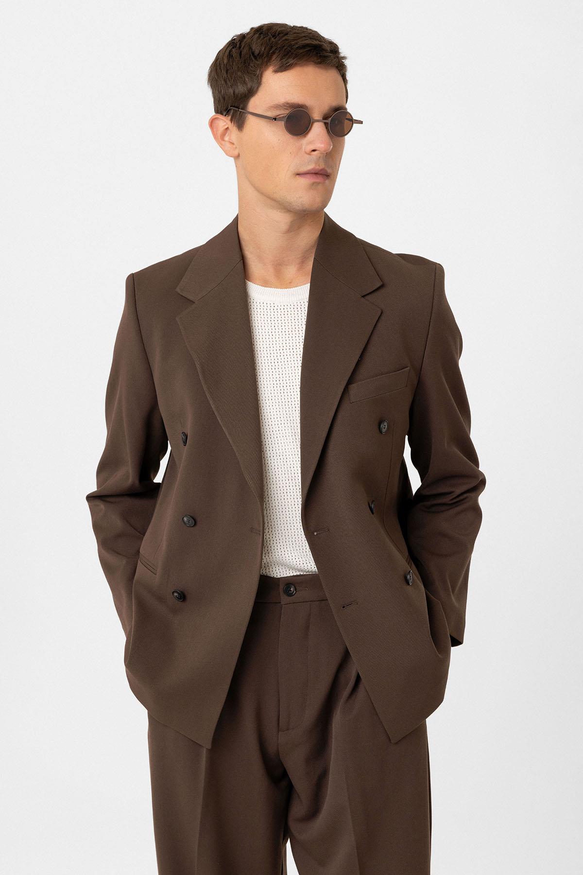 Antioch-Kahve Relax Fit Kruvaze Erkek Blazer Ceket-Ceket-1-Milagron.com