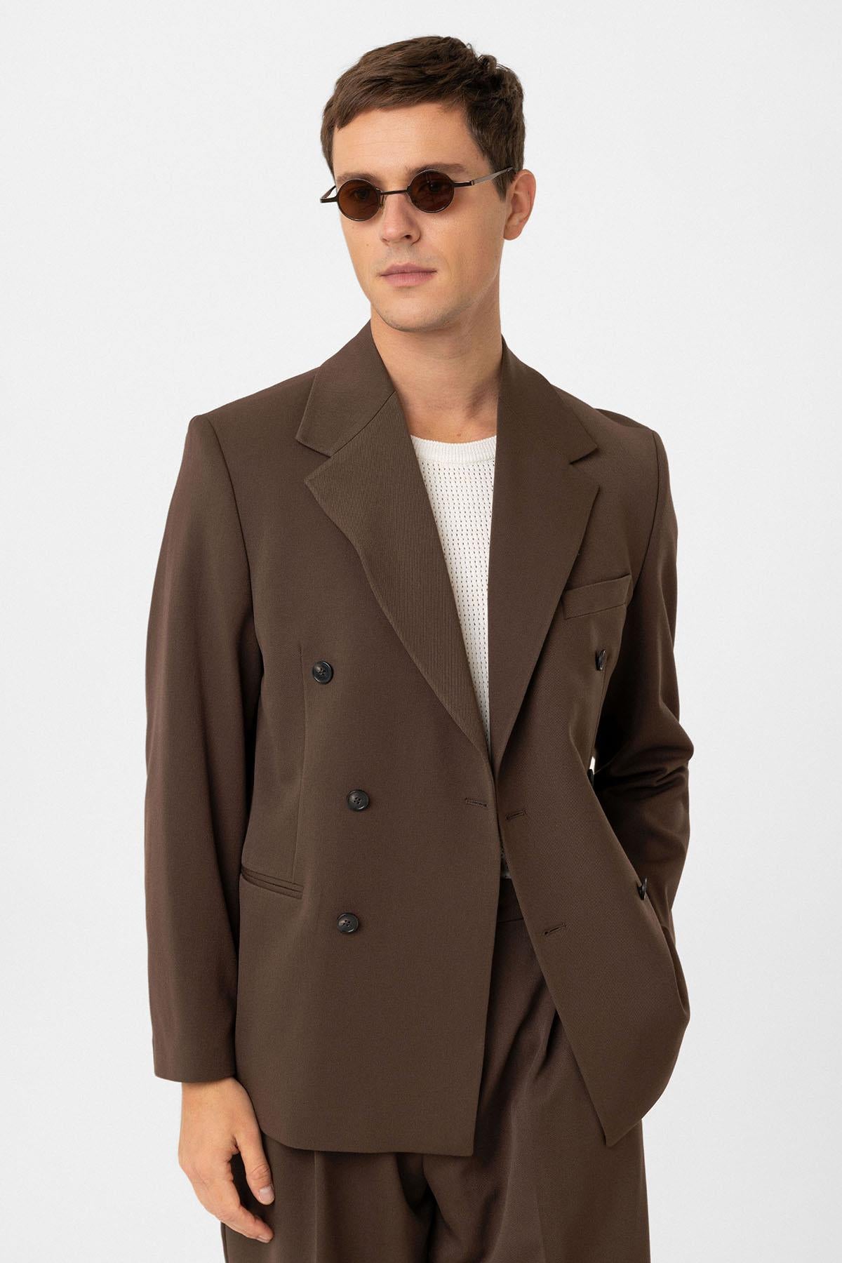 Antioch-Kahve Relax Fit Kruvaze Erkek Blazer Ceket-Ceket-2-Milagron.com