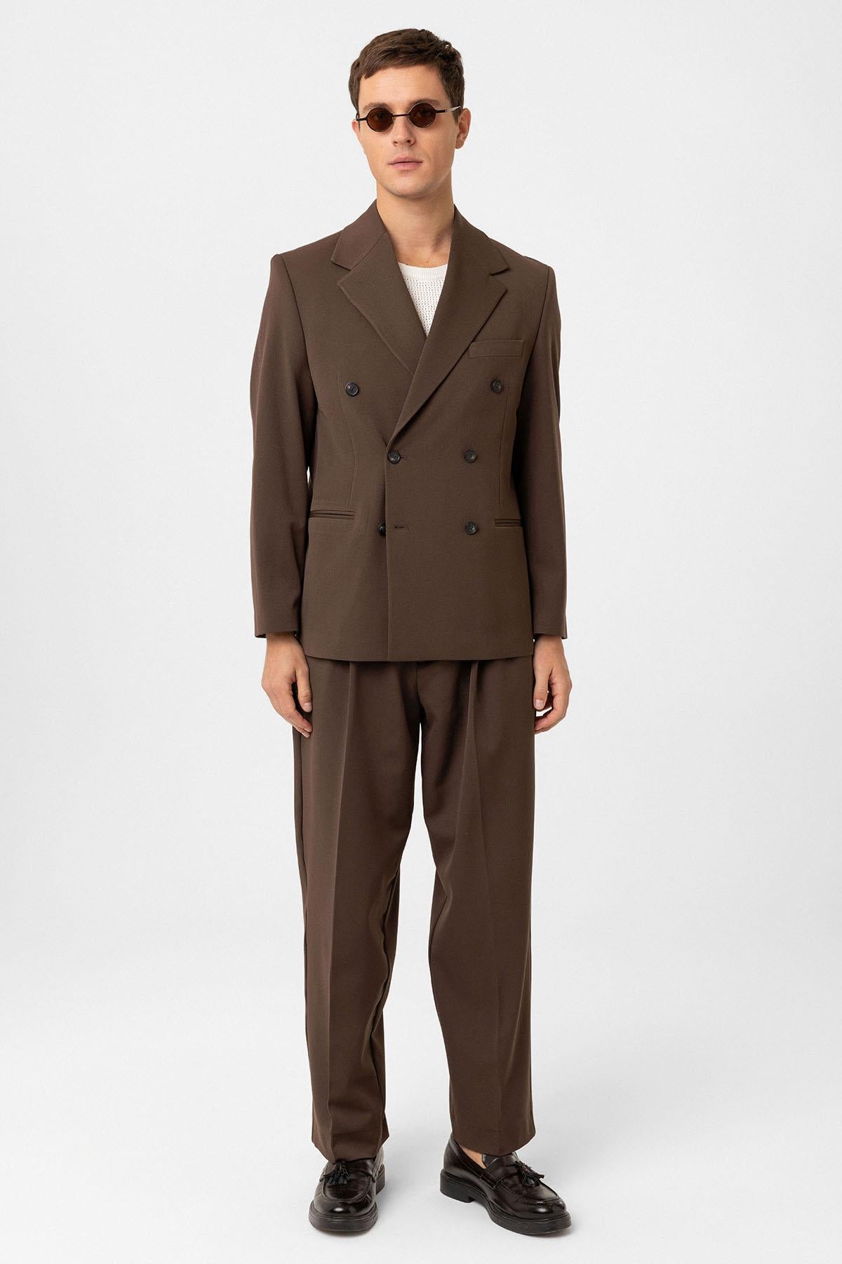 Antioch-Kahve Relax Fit Kruvaze Erkek Blazer Ceket-Ceket-3-Milagron.com