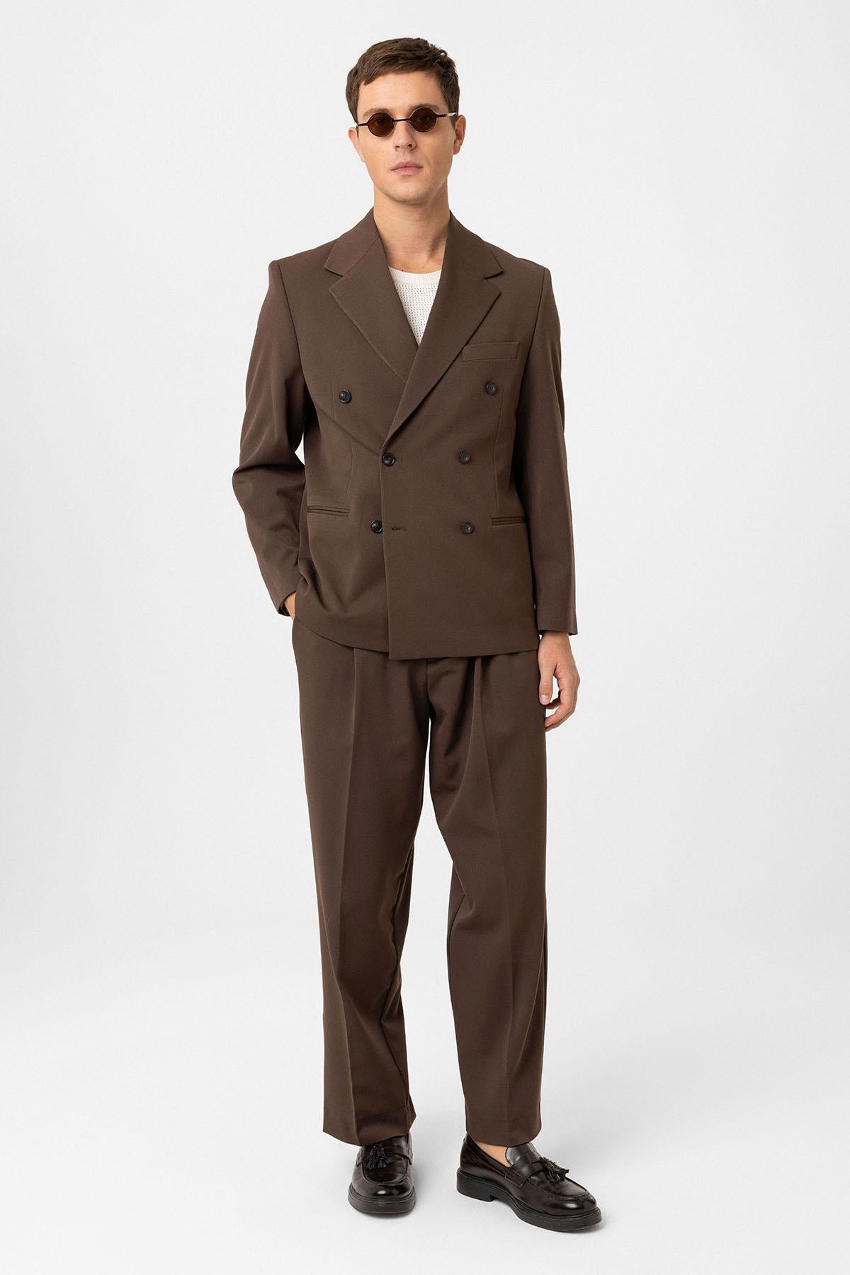 Antioch-Kahve Relax Fit Kruvaze Erkek Blazer Ceket-Ceket-4-Milagron.com