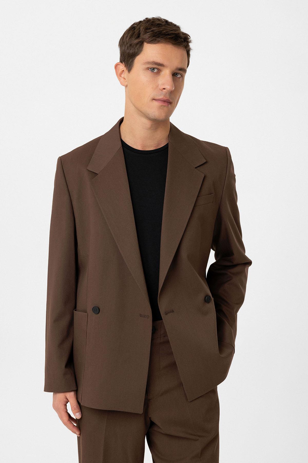 Antioch-Kahve Relax Fit Kruvaze Kapama Erkek Teknik Blazer Ceket-Ceket-1-Milagron.com