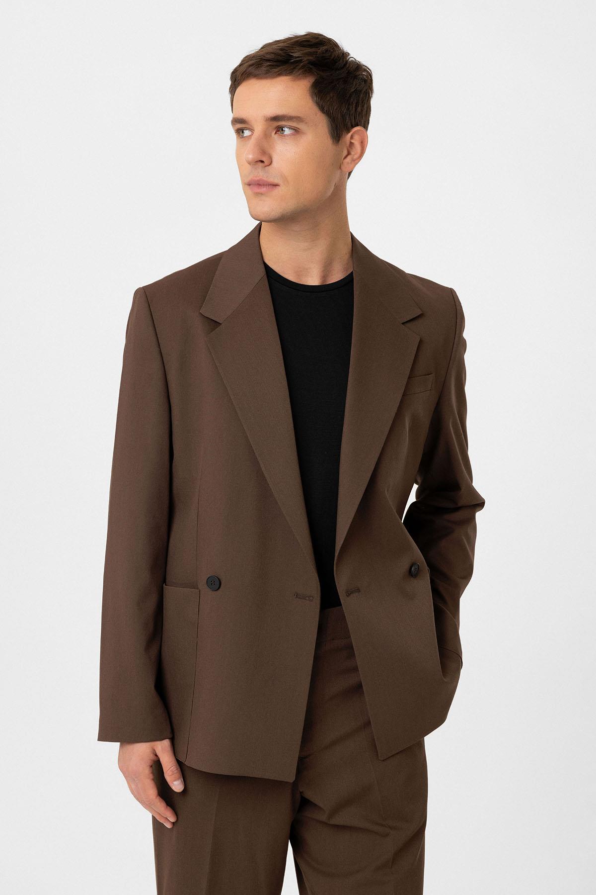 Antioch-Kahve Relax Fit Kruvaze Kapama Erkek Teknik Blazer Ceket-Ceket-3-Milagron.com