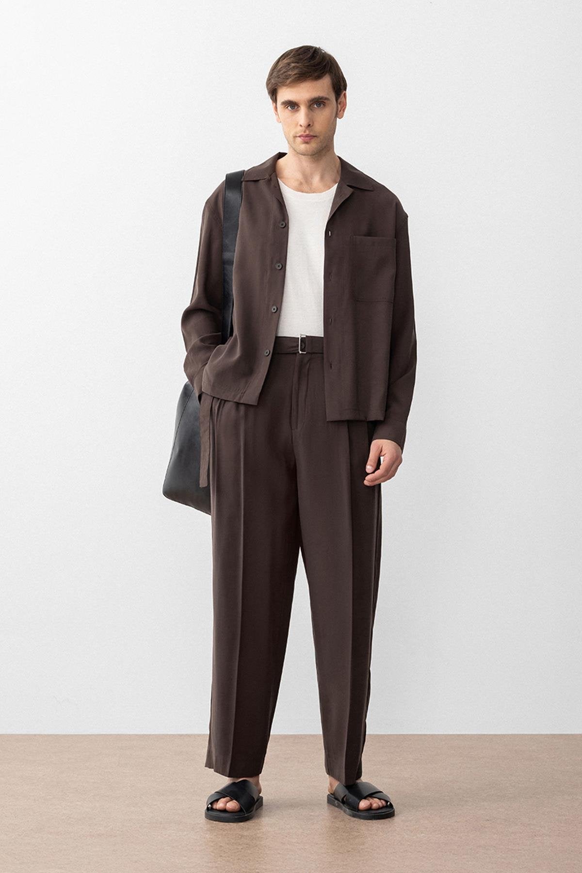 Antioch-Kahve Relax Fit Modal Kumaş Erkek Gömlek-Gömlek-1-Milagron.com