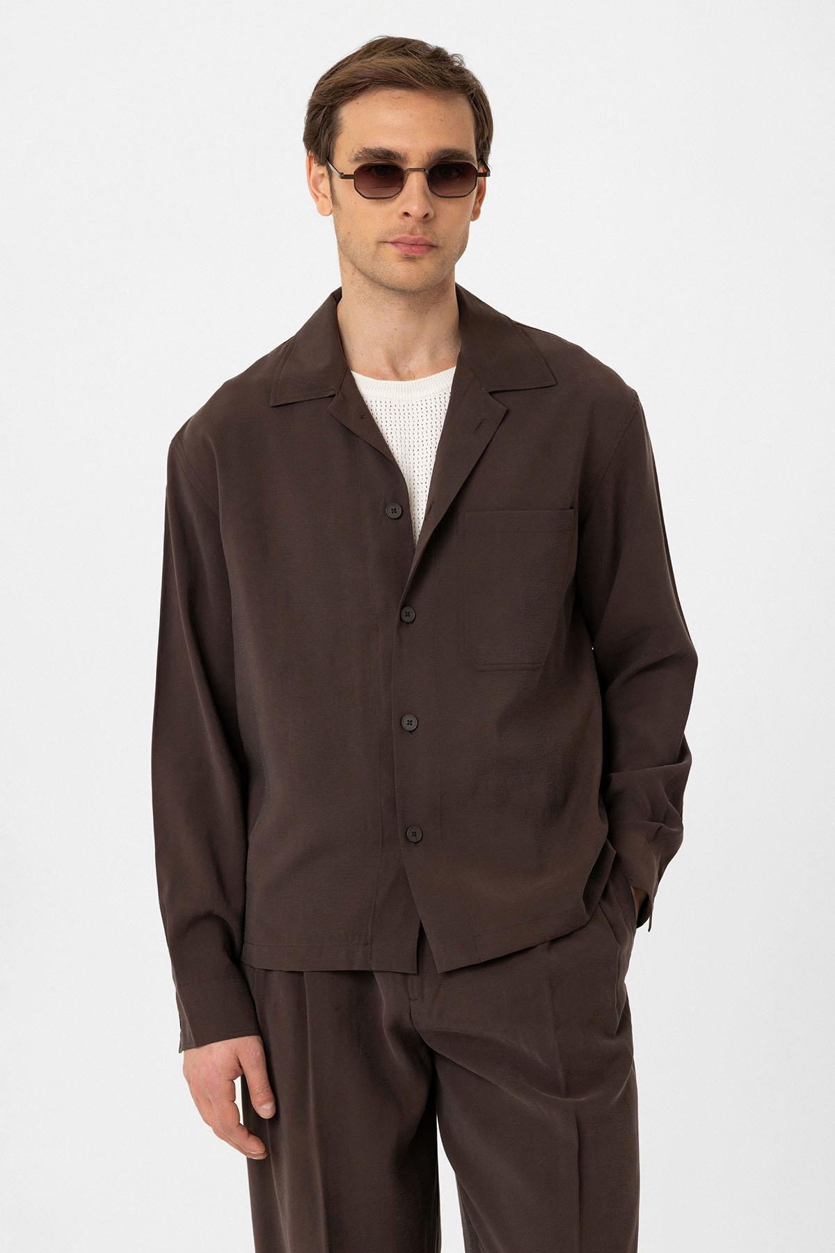 Antioch-Kahve Relax Fit Modal Kumaş Erkek Gömlek-Gömlek-3-Milagron.com