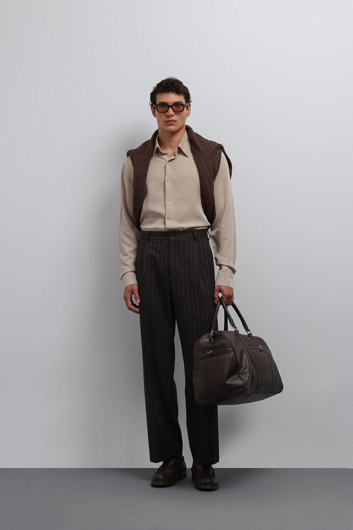 Antioch-Kahve Relax Fit çizgili Erkek Pantolon-Kumaş Pantolon-1-Milagron.com