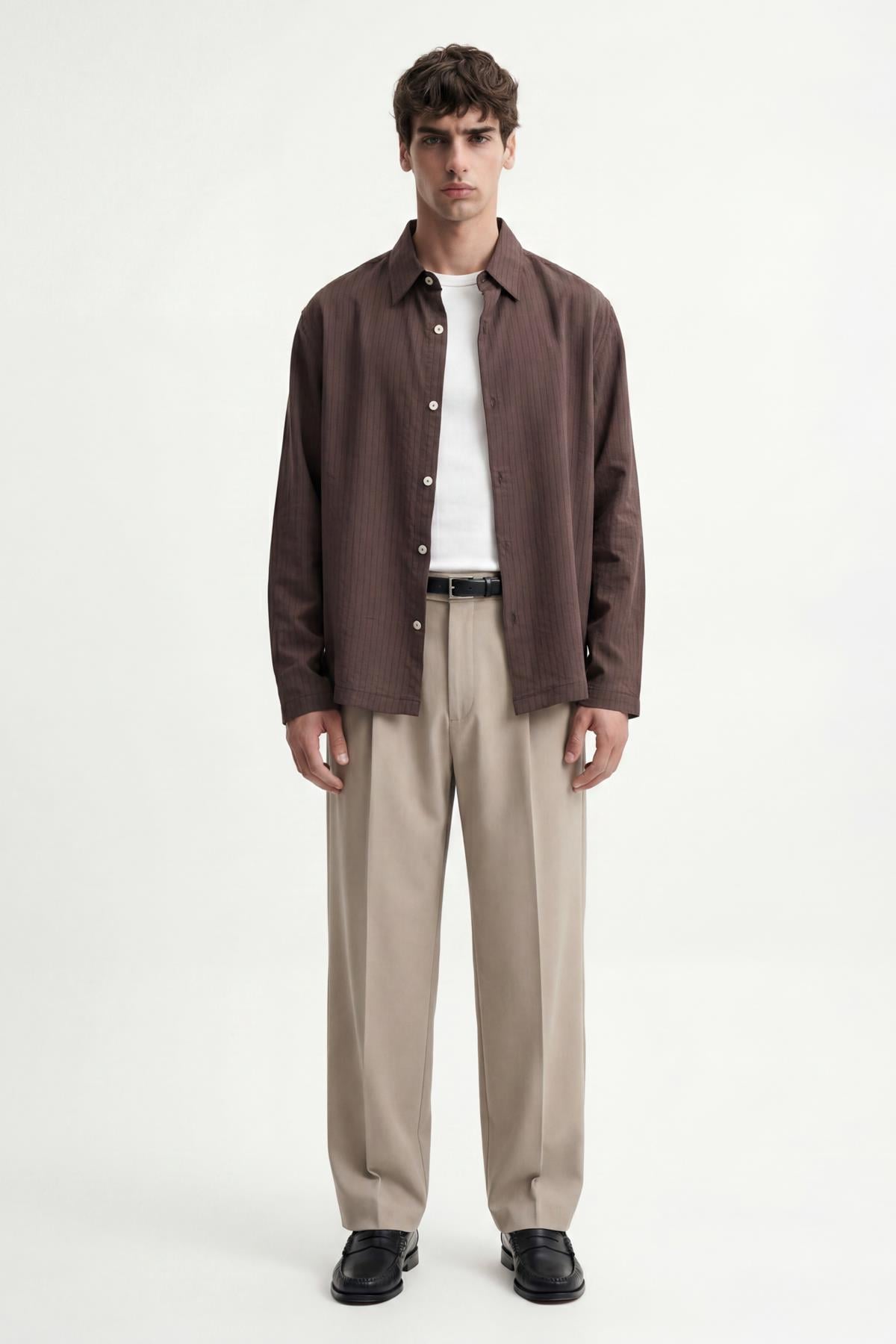 Antioch Kahve Relaxed Fit Çizgili Erkek Gömlek