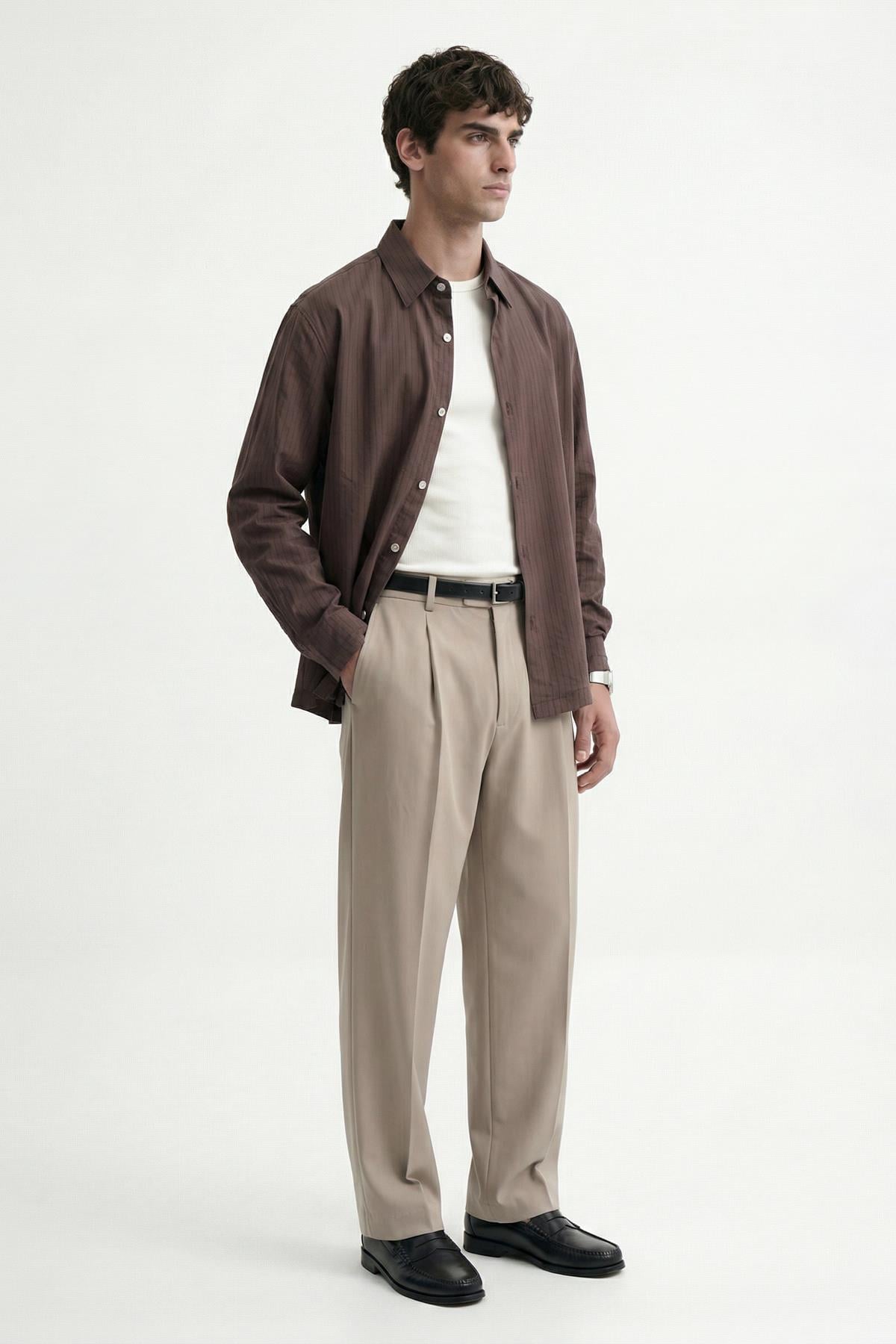 Antioch Kahve Relaxed Fit Çizgili Erkek Gömlek