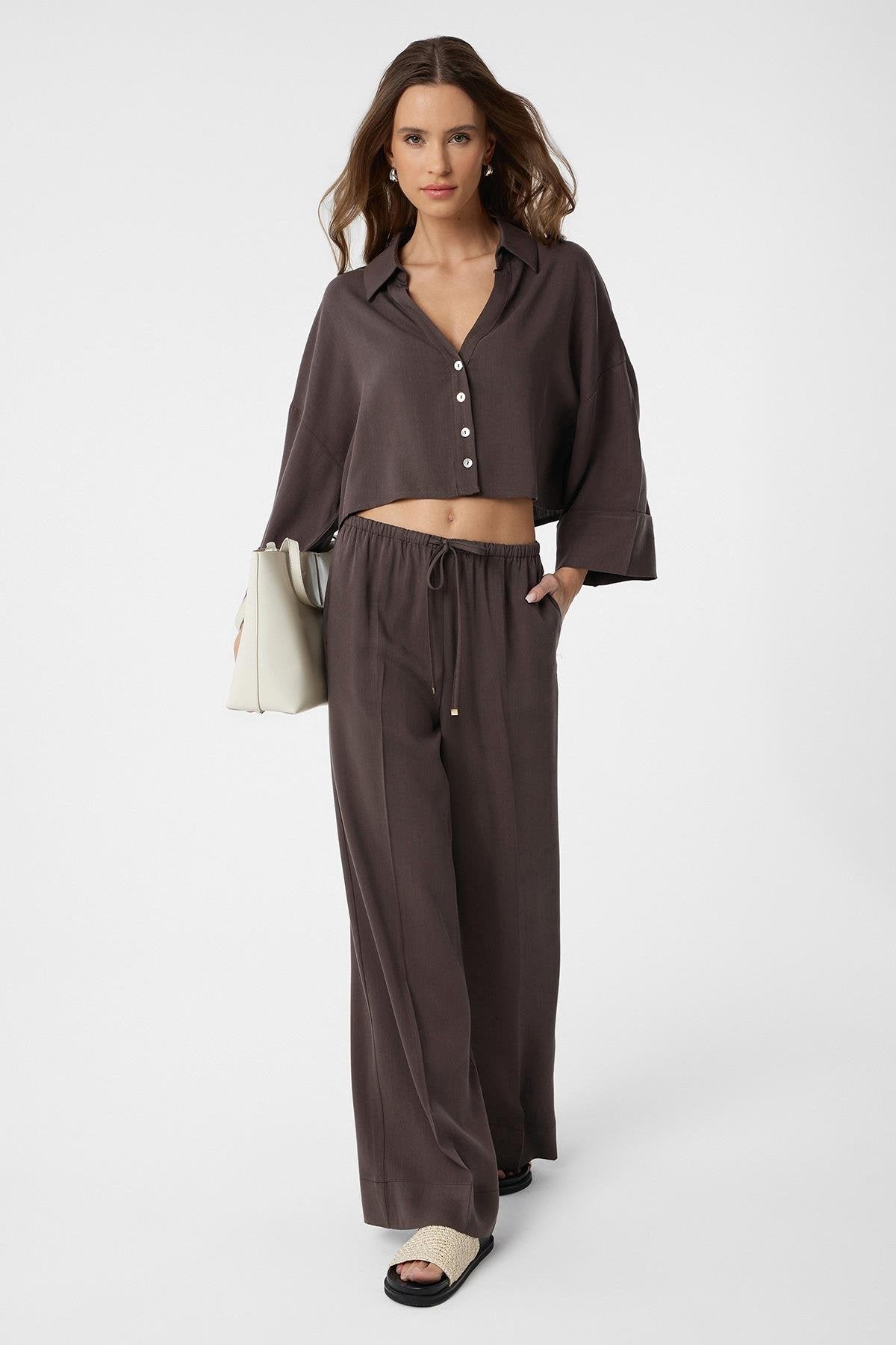 Antioch-Kahve Relaxed Kadın Pantolon-Kumaş Pantolon-2-Milagron.com