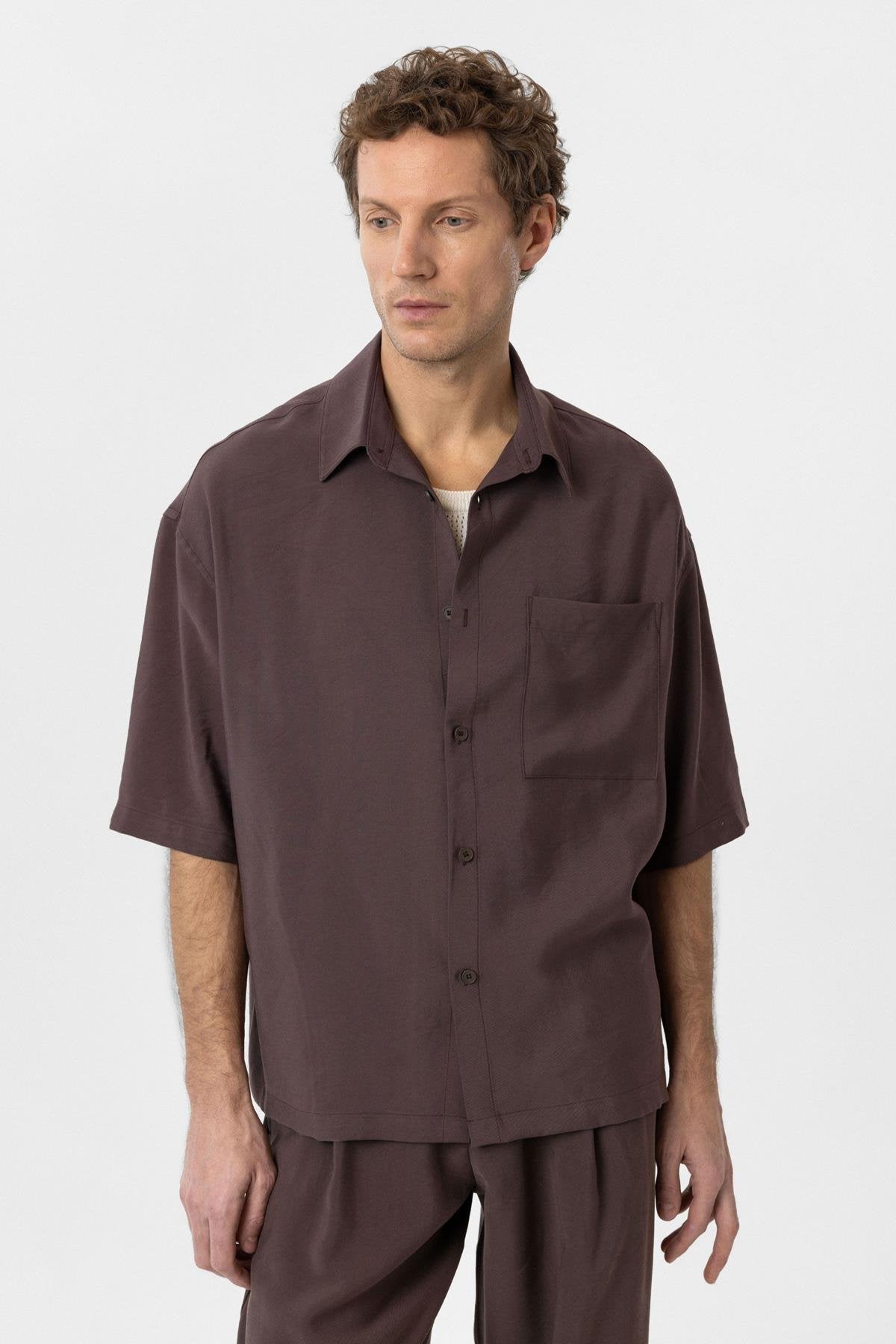 Antioch-Kahve Relaxed Kısa Kollu Erkek Gömlek-Gömlek-1-Milagron.com