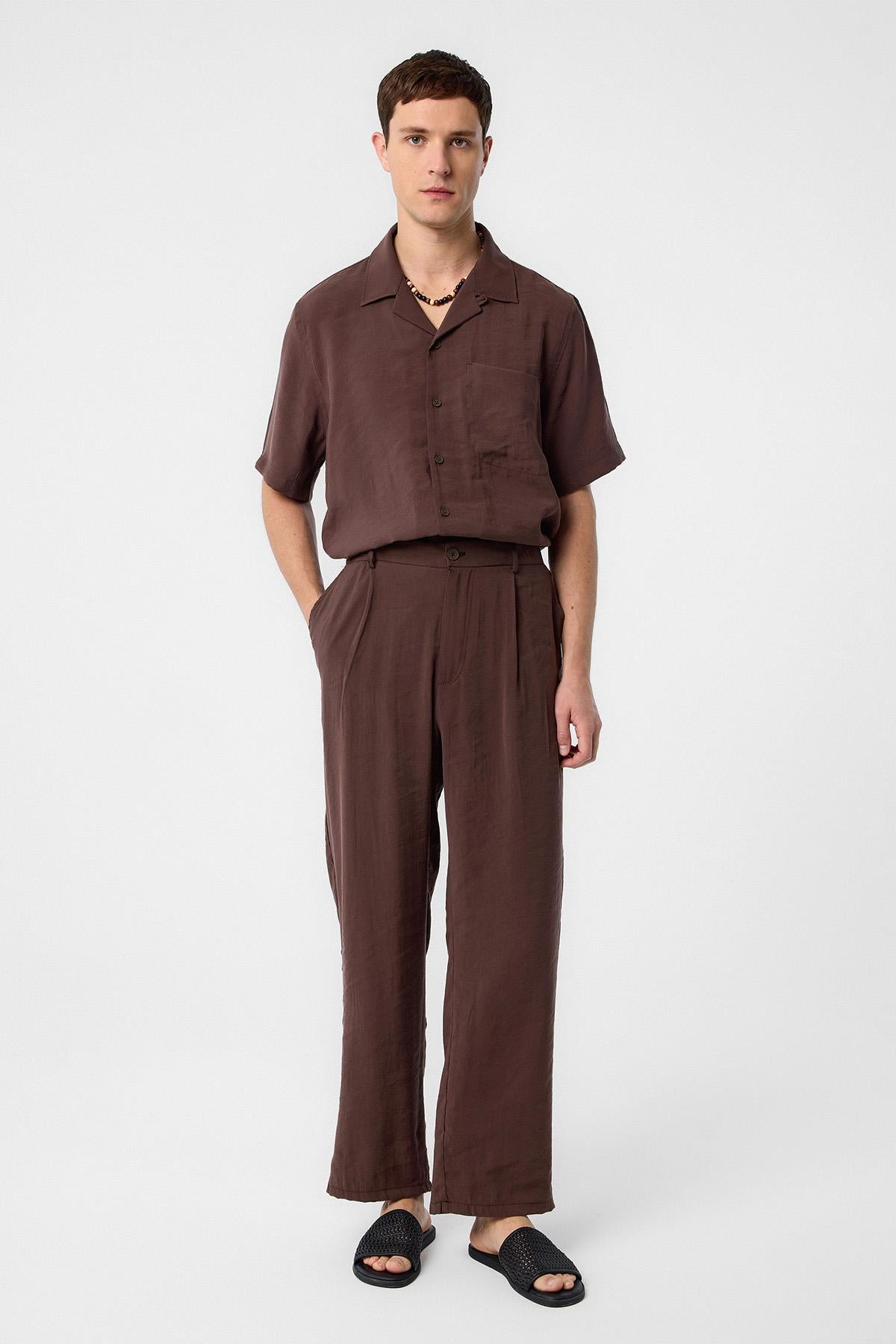 Antioch-Antioch Kahve Relaxed Modal Kumaş Yüksek Bel Erkek Pantolon-Kumaş Pantolon-1-Milagron.com