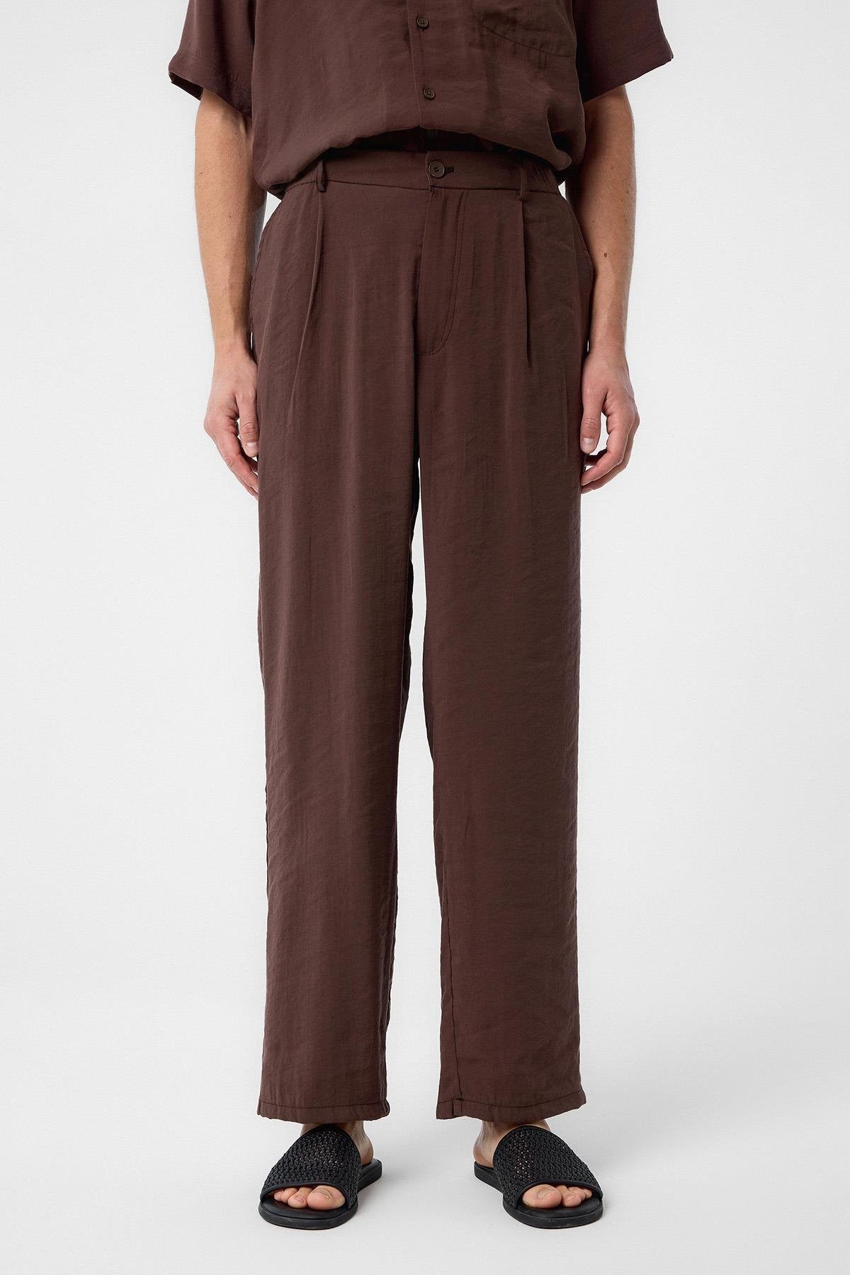 Antioch-Antioch Kahve Relaxed Modal Kumaş Yüksek Bel Erkek Pantolon-Kumaş Pantolon-3-Milagron.com